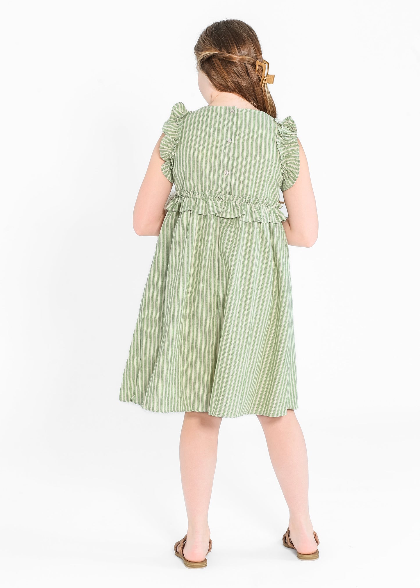 Girl's Linen Feel Striped Ruffled Dress FF Dresses