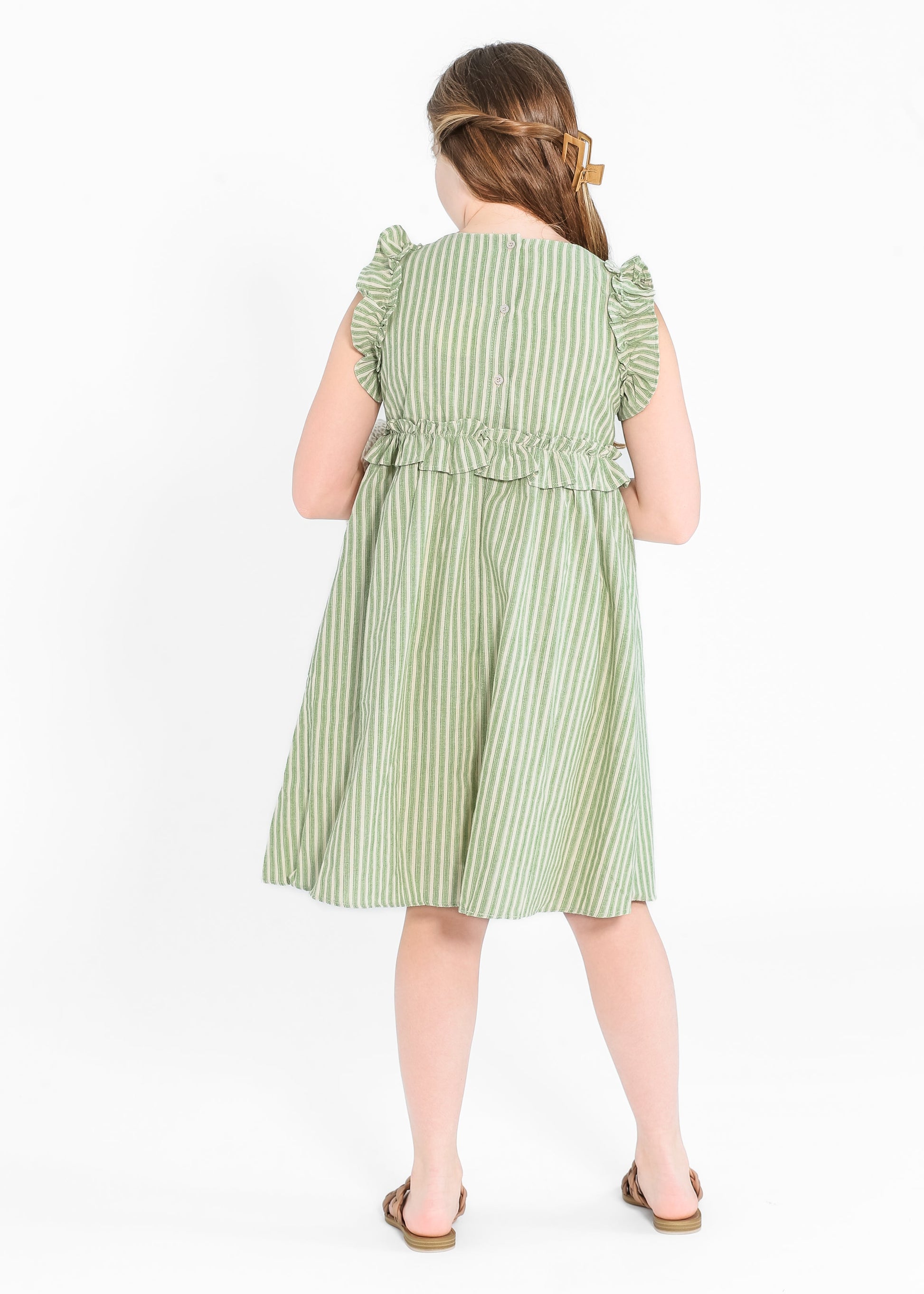 Girl's Linen Feel Striped Ruffled Dress FF Dresses