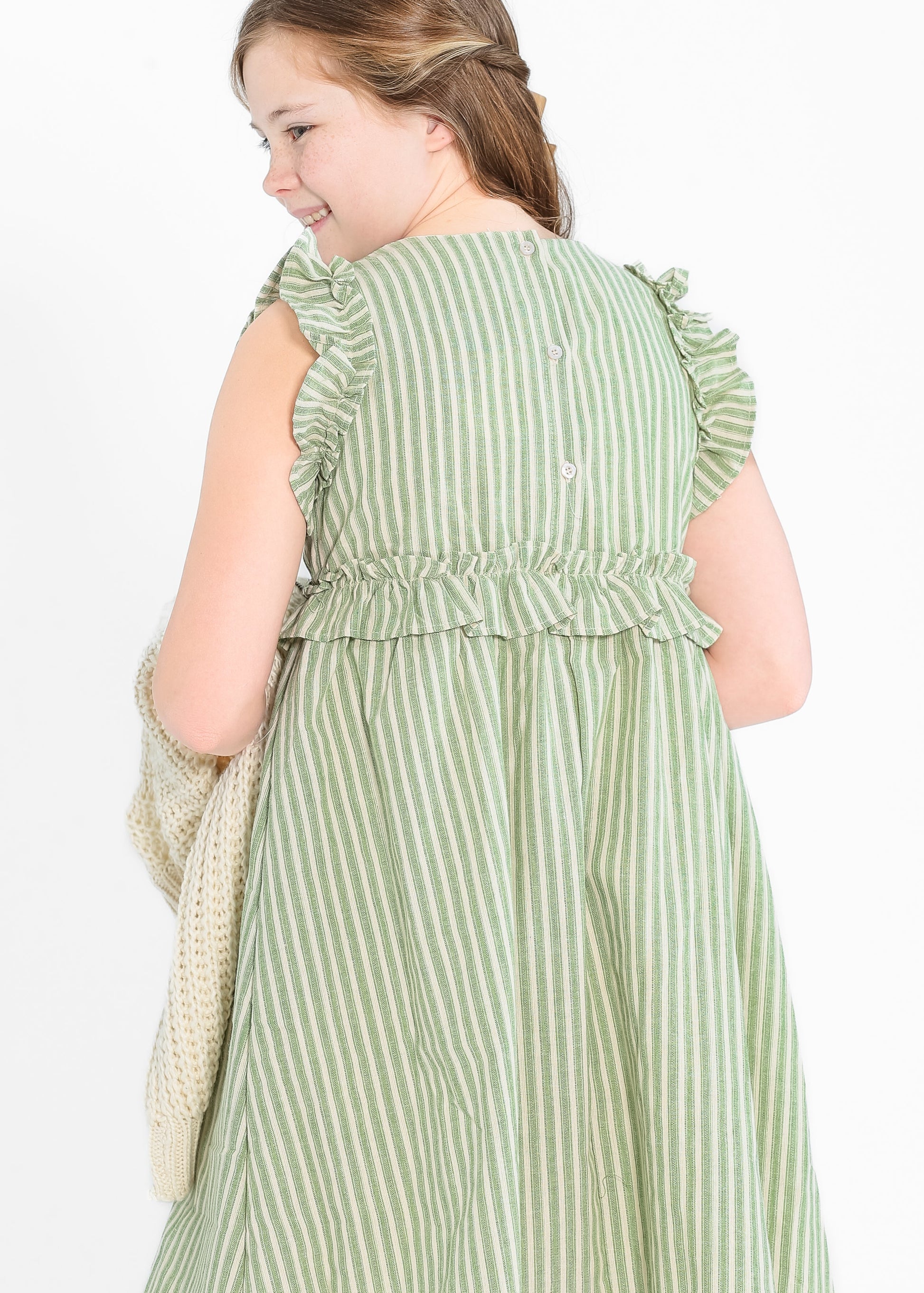Girl's Linen Feel Striped Ruffled Dress FF Dresses