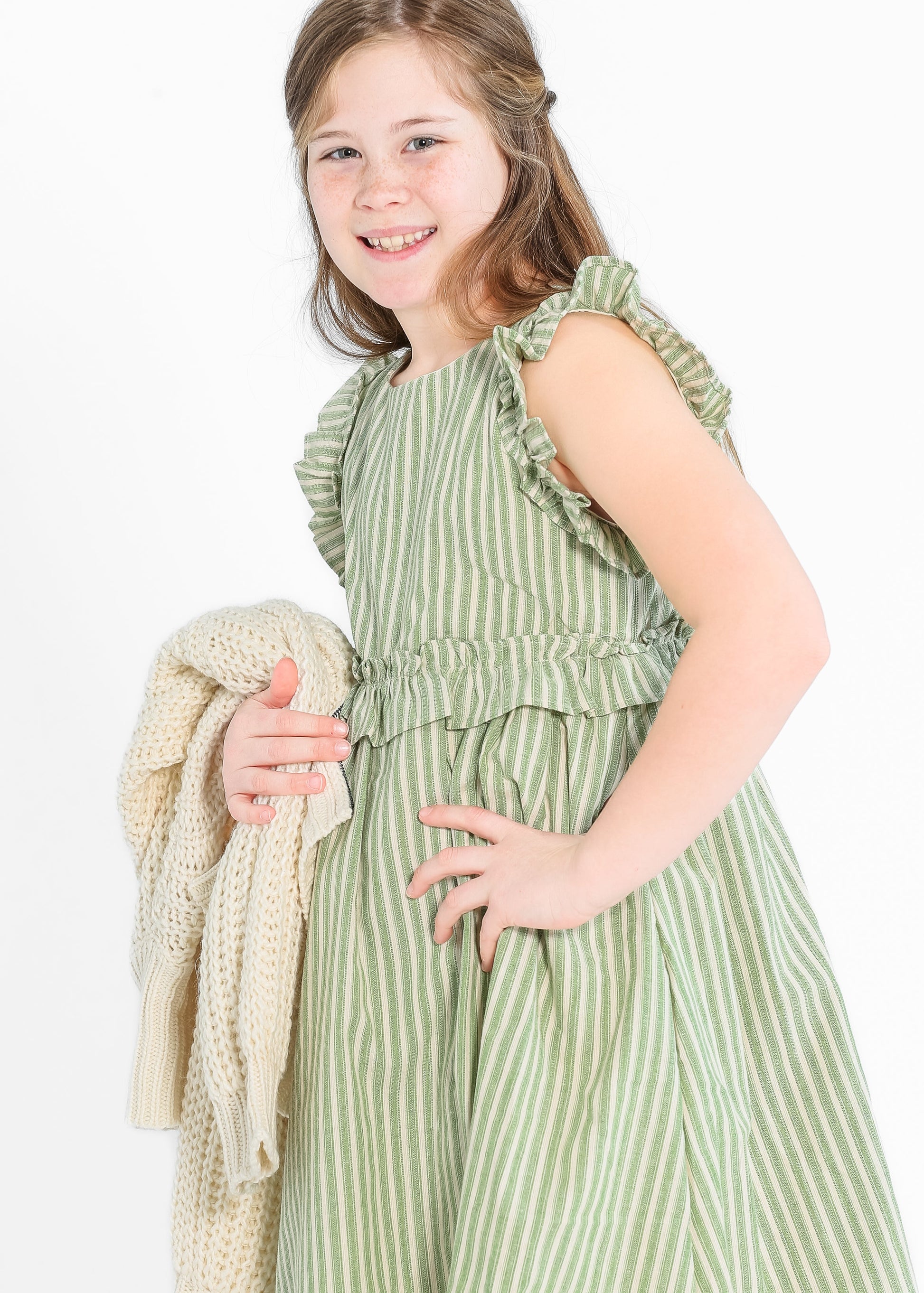 Girl's Linen Feel Striped Ruffled Dress FF Dresses