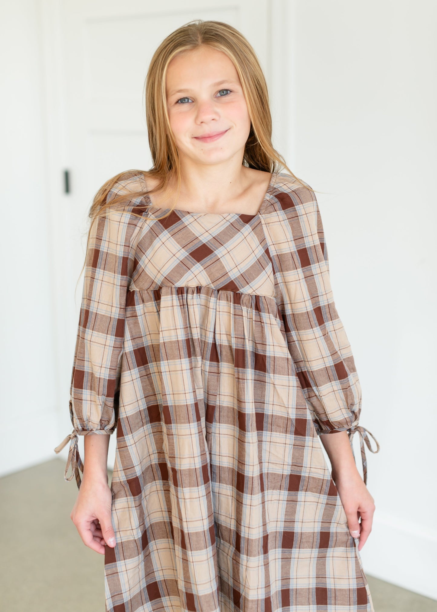 Girl's Plaid Square Neck Midi Dress FF Girls