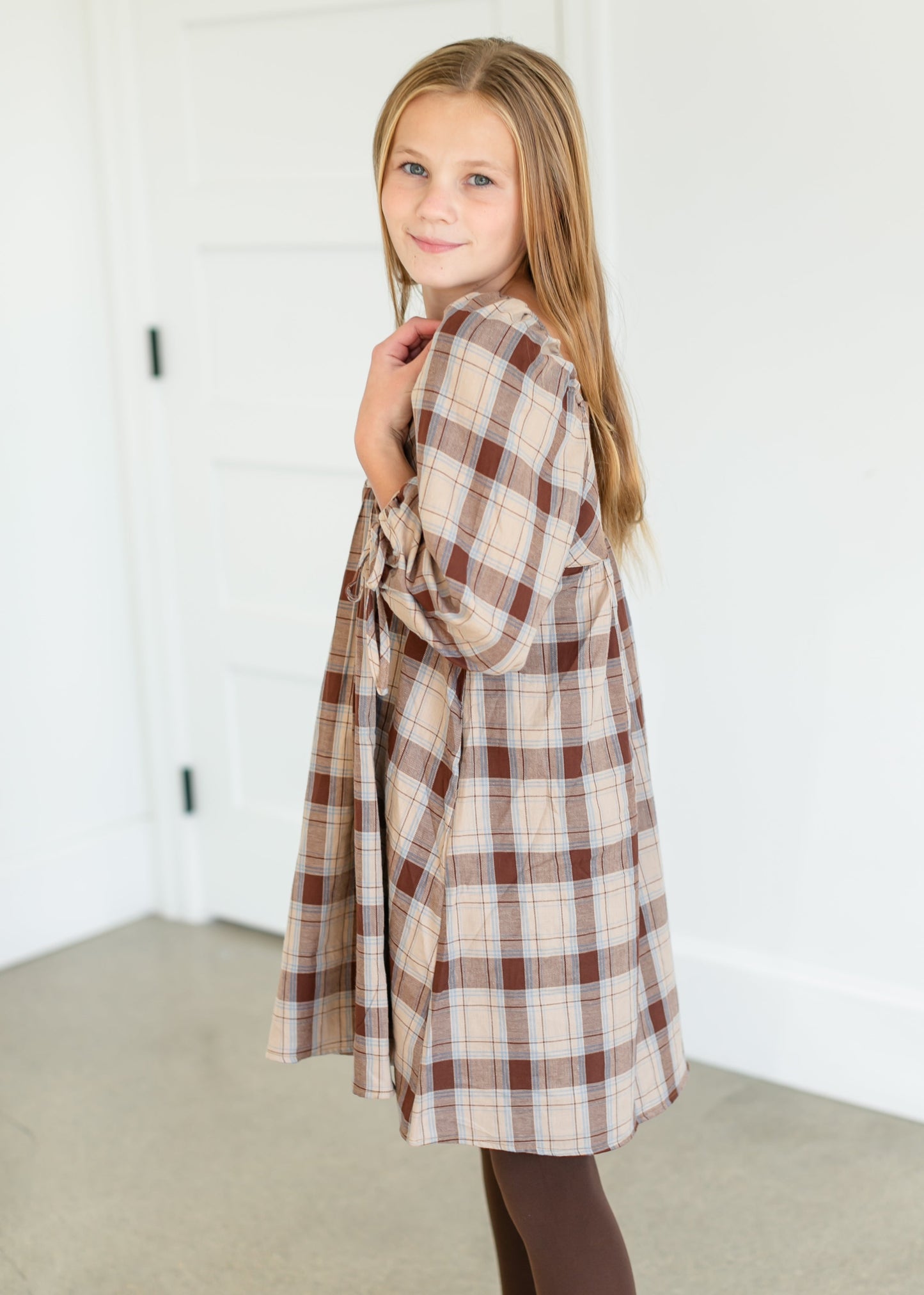 Girl's Plaid Square Neck Midi Dress FF Girls