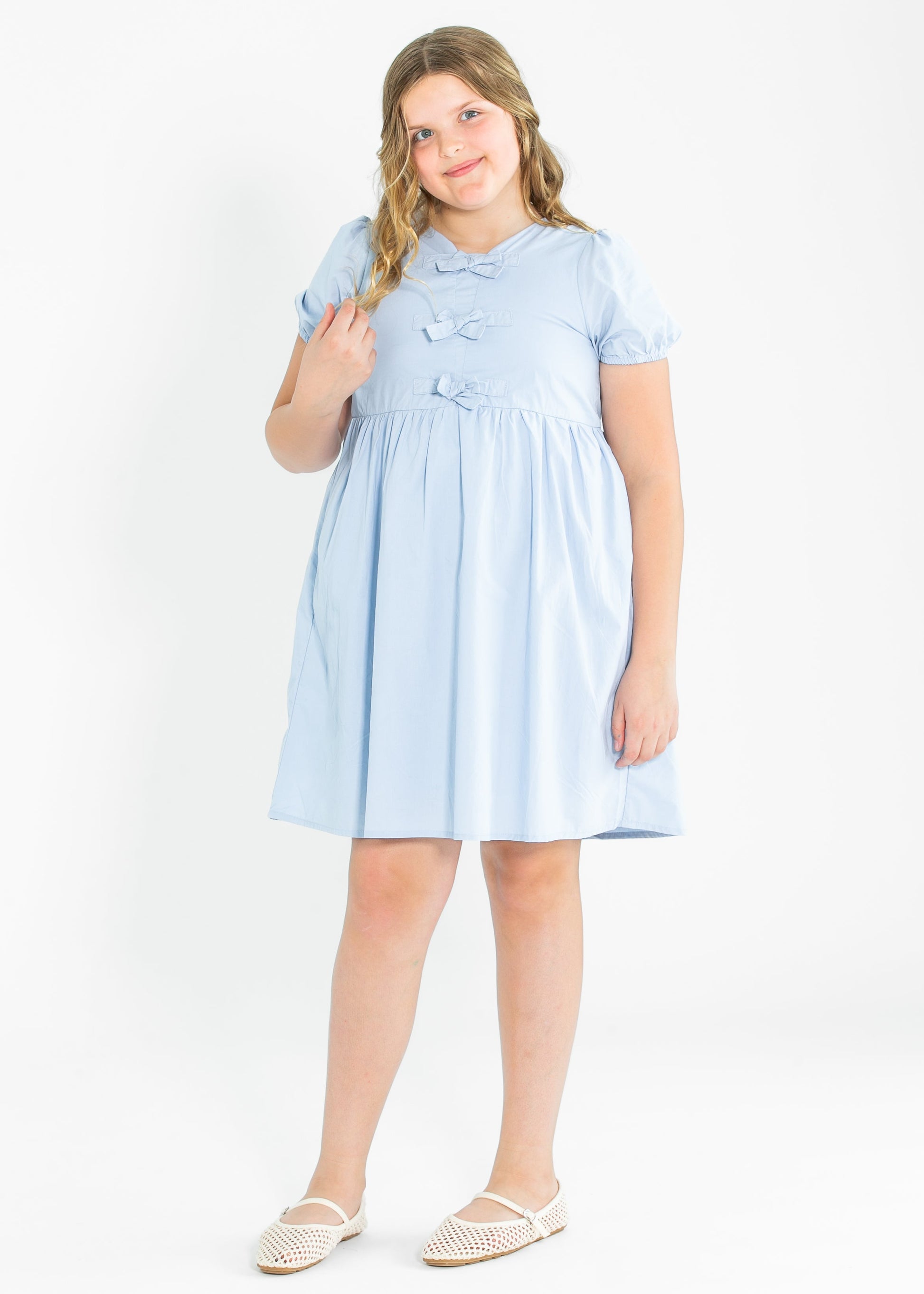 Girl's Ribbon Detailed Puff Sleeve Dress FF Girls