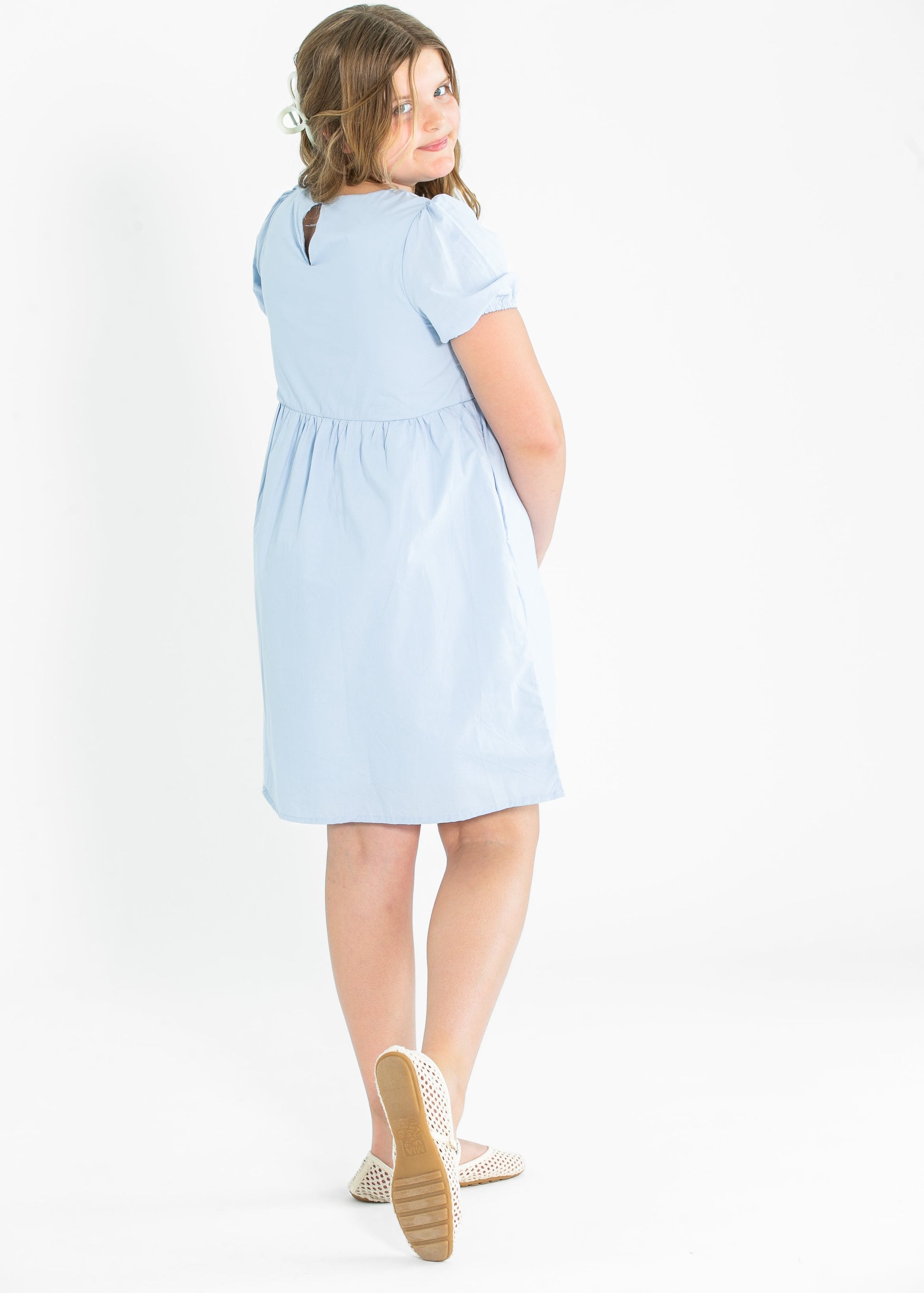 Girl's Ribbon Detailed Puff Sleeve Dress FF Girls