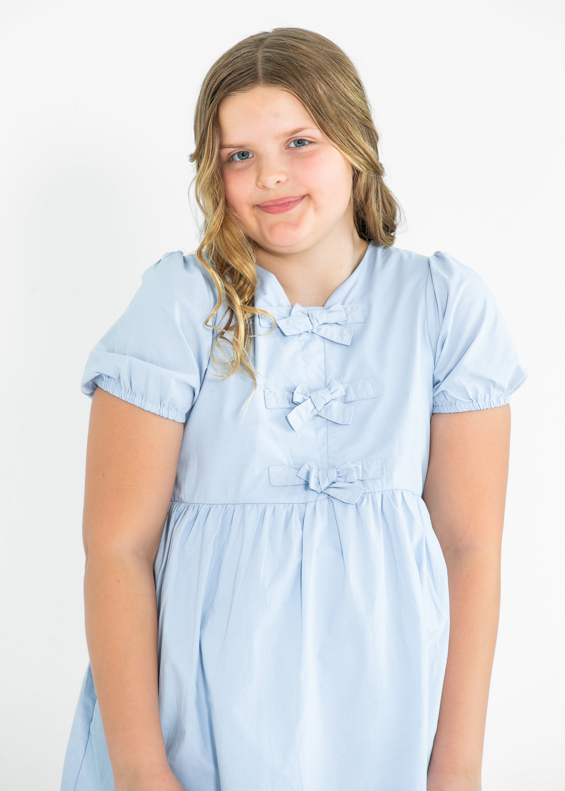 Girl's Ribbon Detailed Puff Sleeve Dress FF Girls