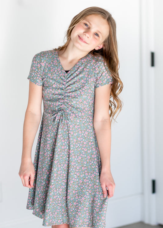 Girl's Ruched Front Floral Ribbed Dress Girls