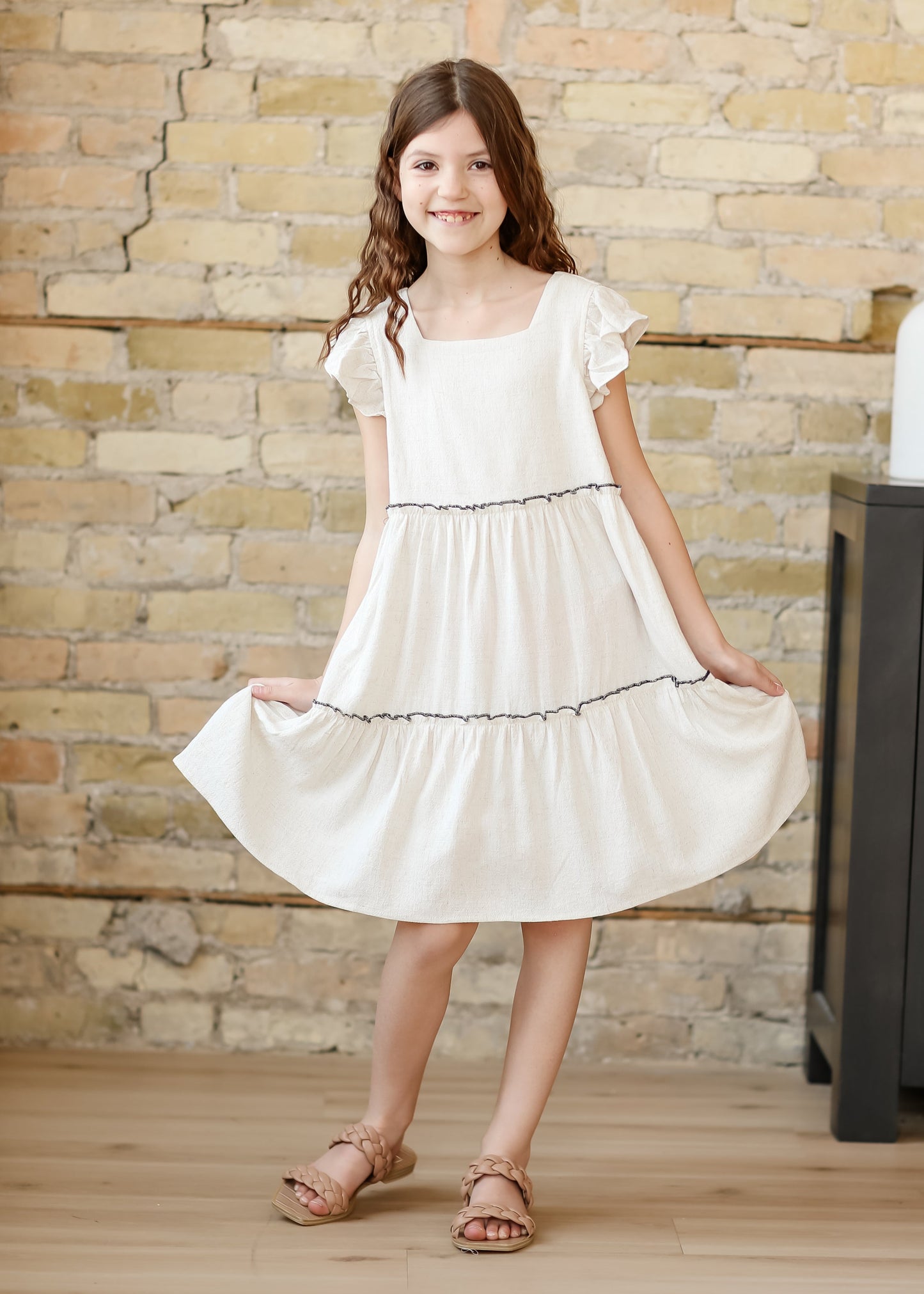 Girl's Square Neck Ruffle Sleeve Dress FF Girls