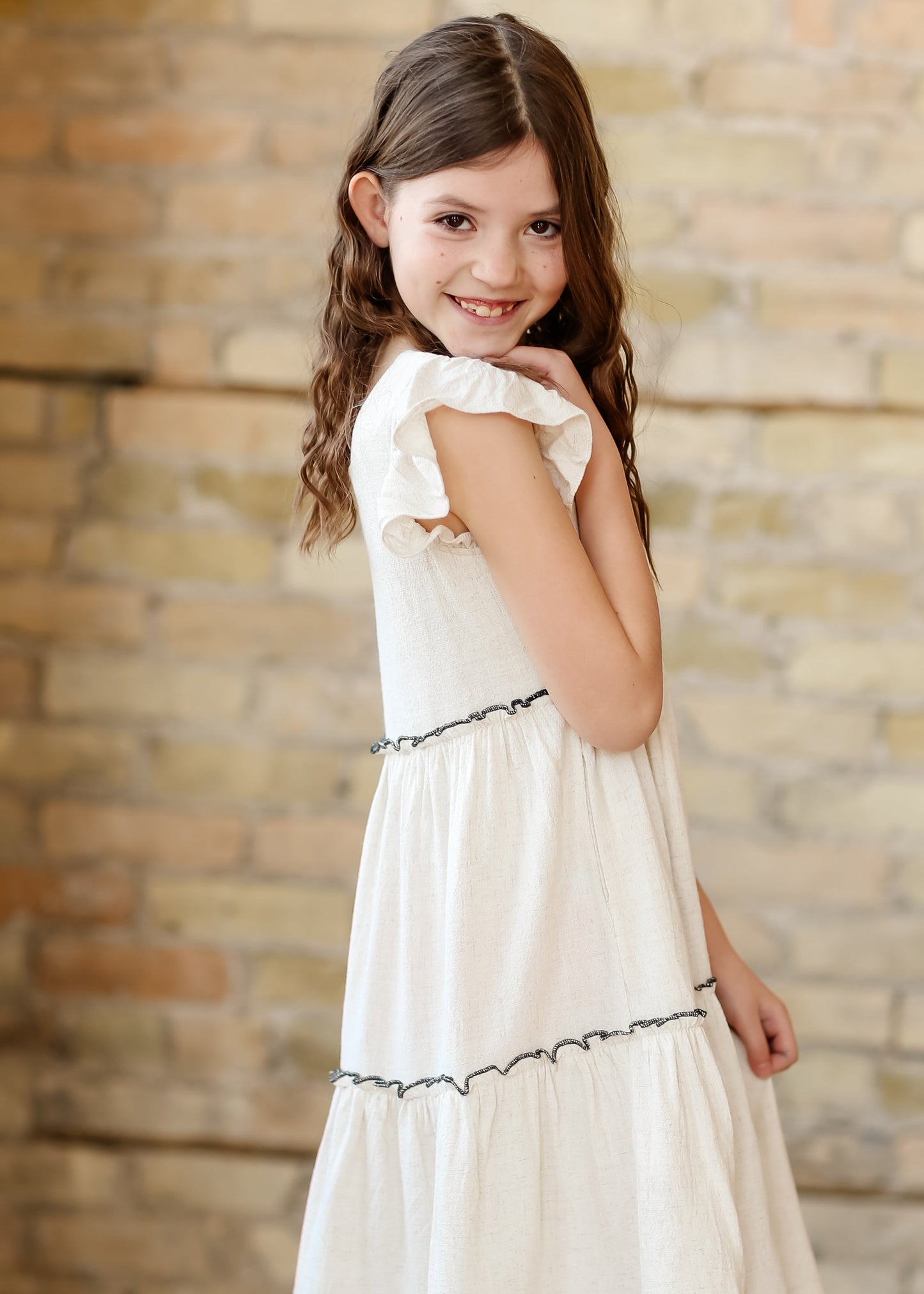 Girl's Square Neck Ruffle Sleeve Dress FF Girls