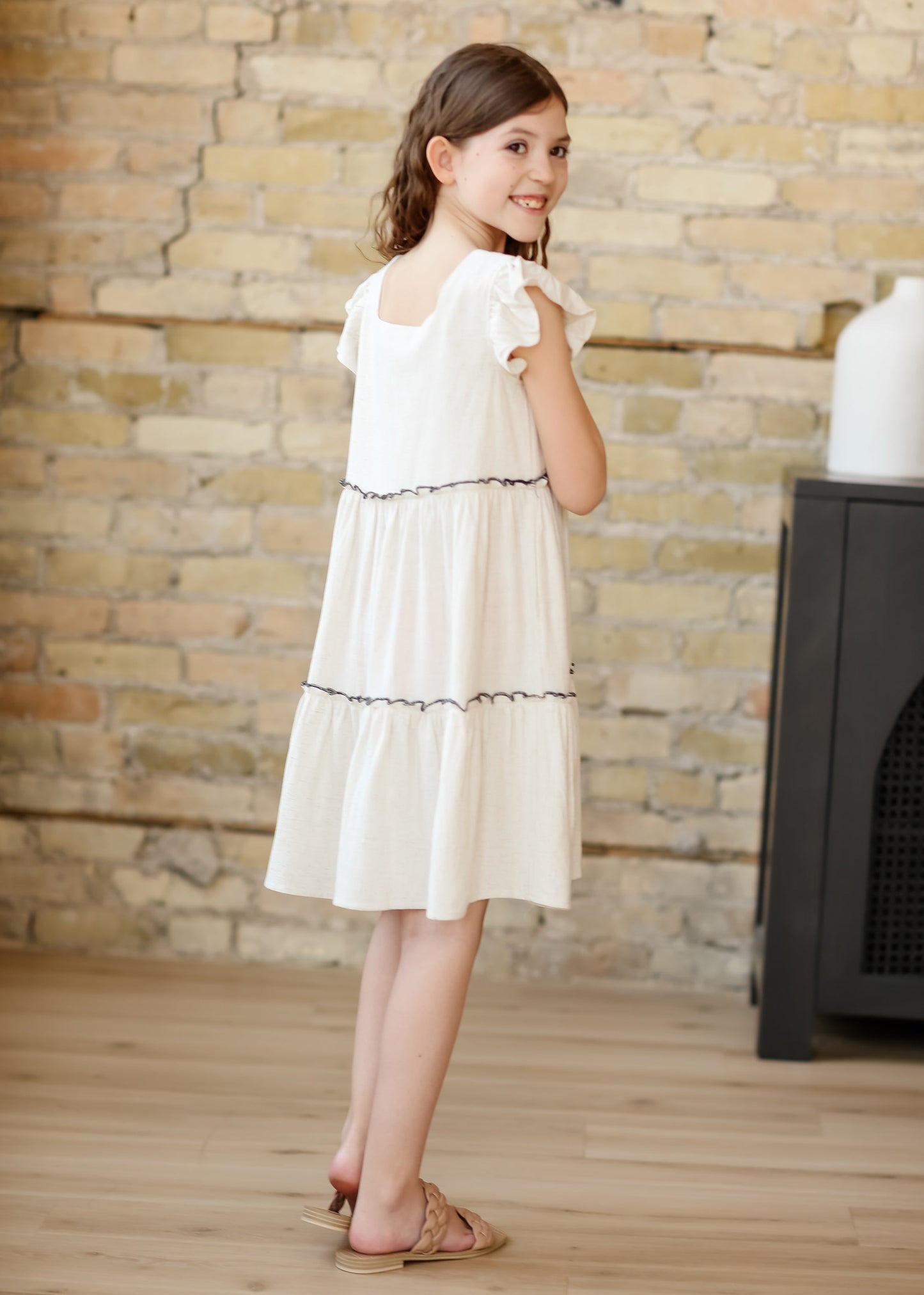 Girl's Square Neck Ruffle Sleeve Dress FF Girls