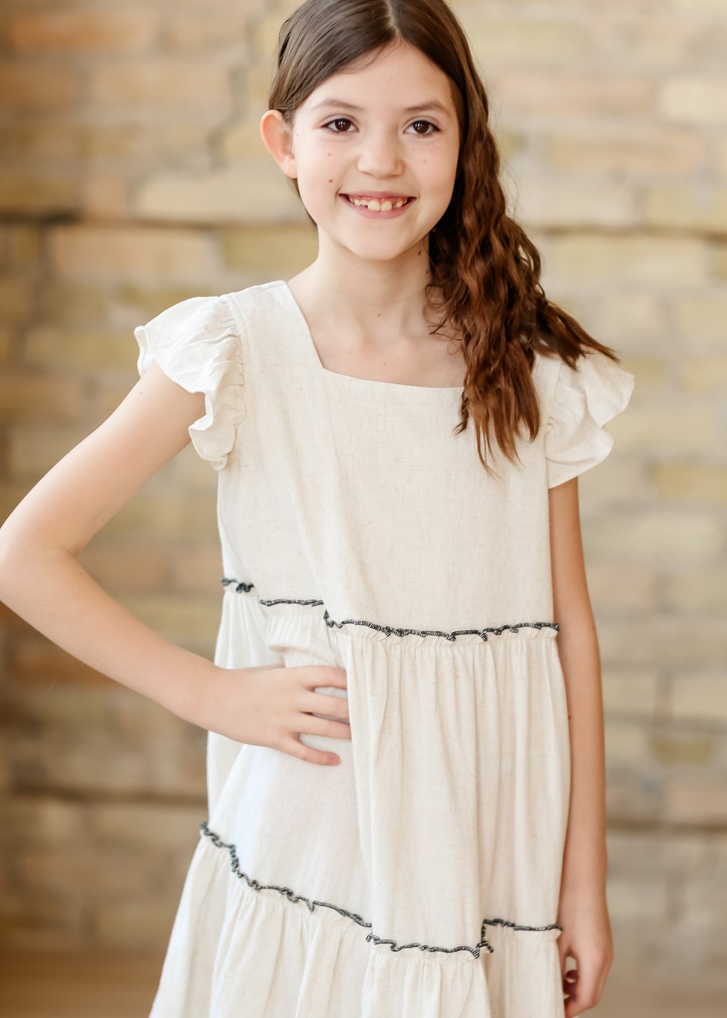 Girl's Square Neck Ruffle Sleeve Dress FF Girls