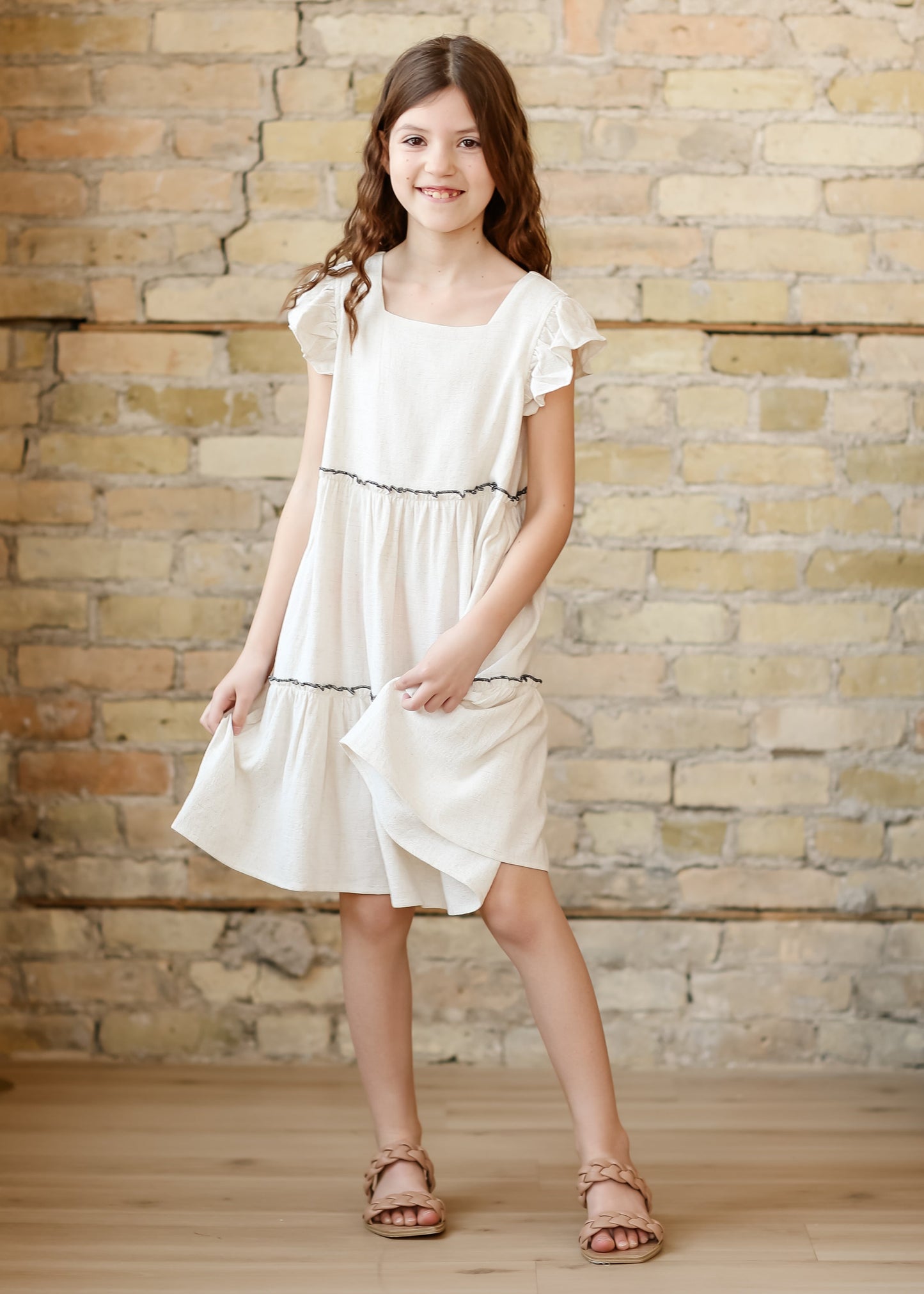 Girl's Square Neck Ruffle Sleeve Dress FF Girls