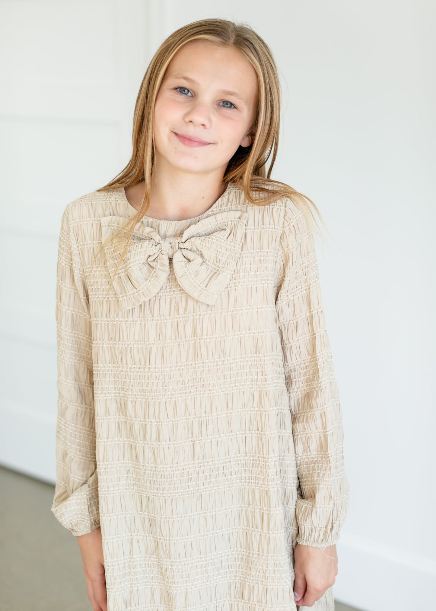 Girl's Textured Long Sleeve Midi Dress FF Girls