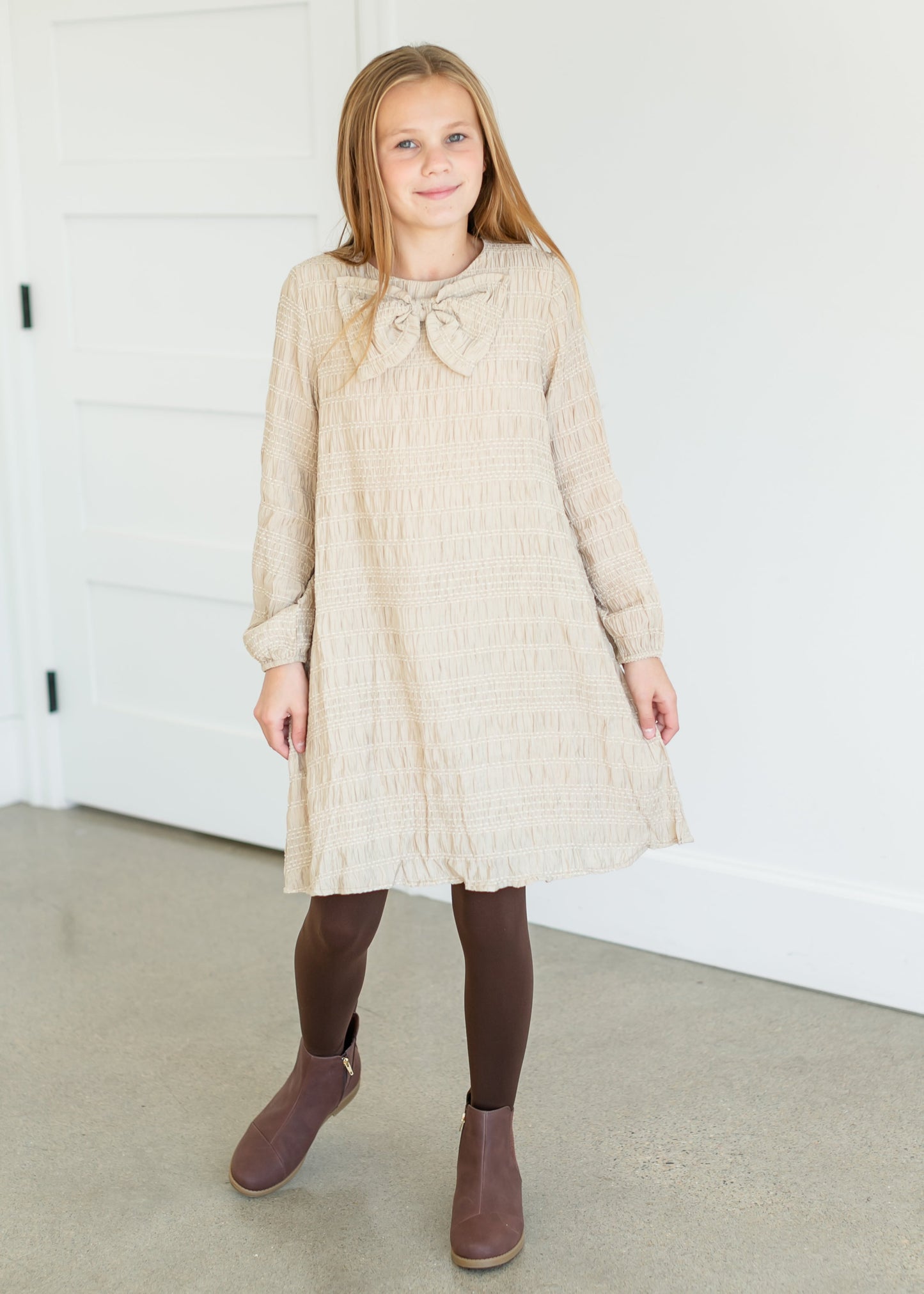 Girl's Textured Long Sleeve Midi Dress FF Girls