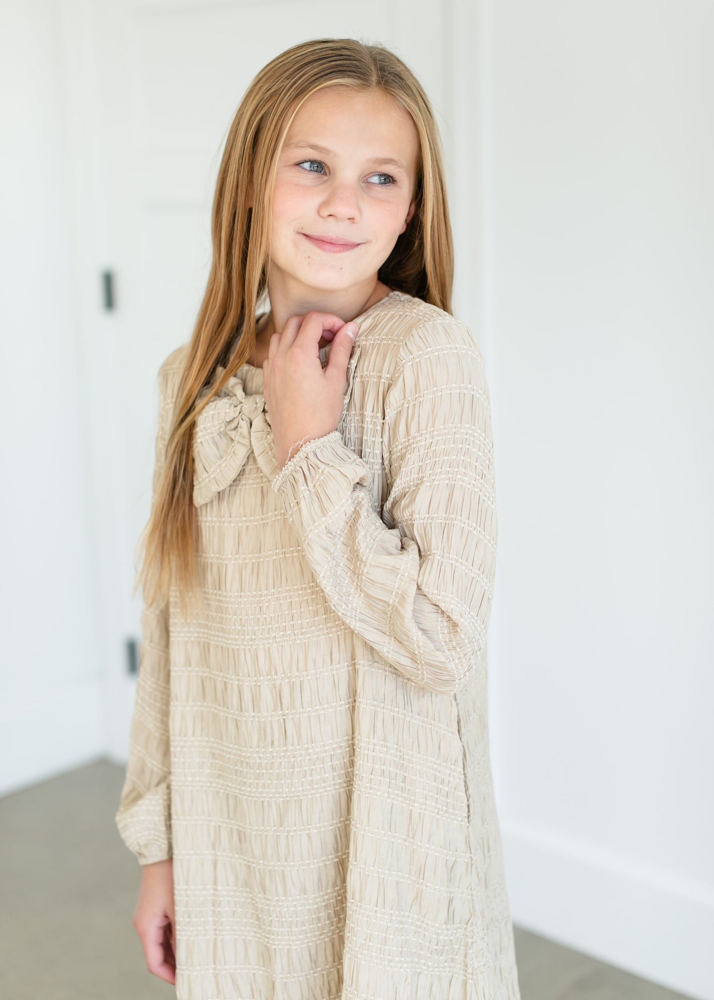 Girl's Textured Long Sleeve Midi Dress FF Girls