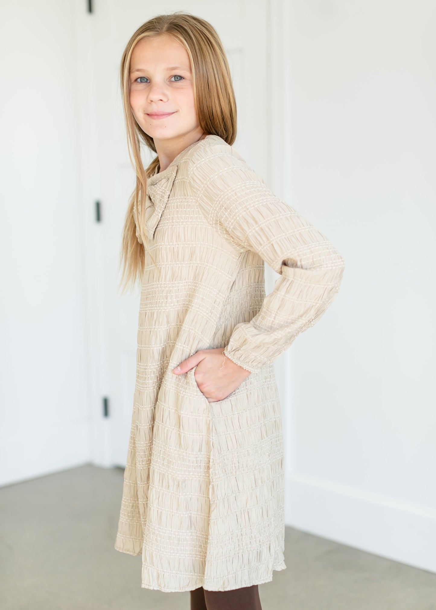 Girl's Textured Long Sleeve Midi Dress FF Girls