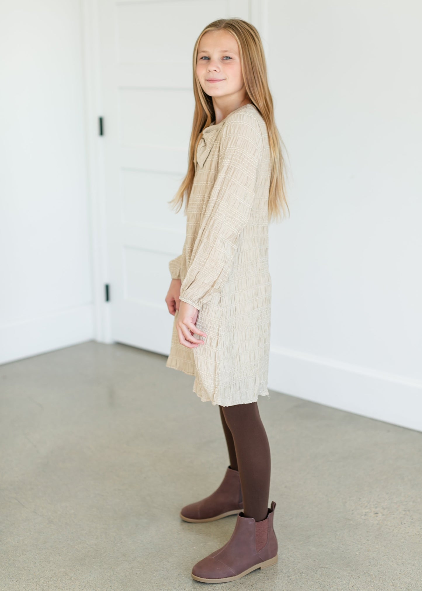 Girl's Textured Long Sleeve Midi Dress FF Girls