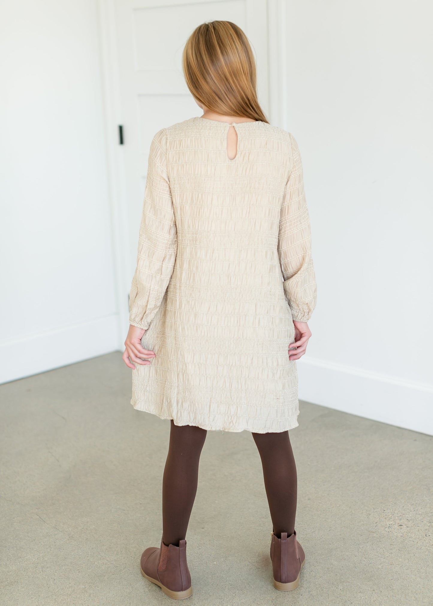 Girl's Textured Long Sleeve Midi Dress FF Girls