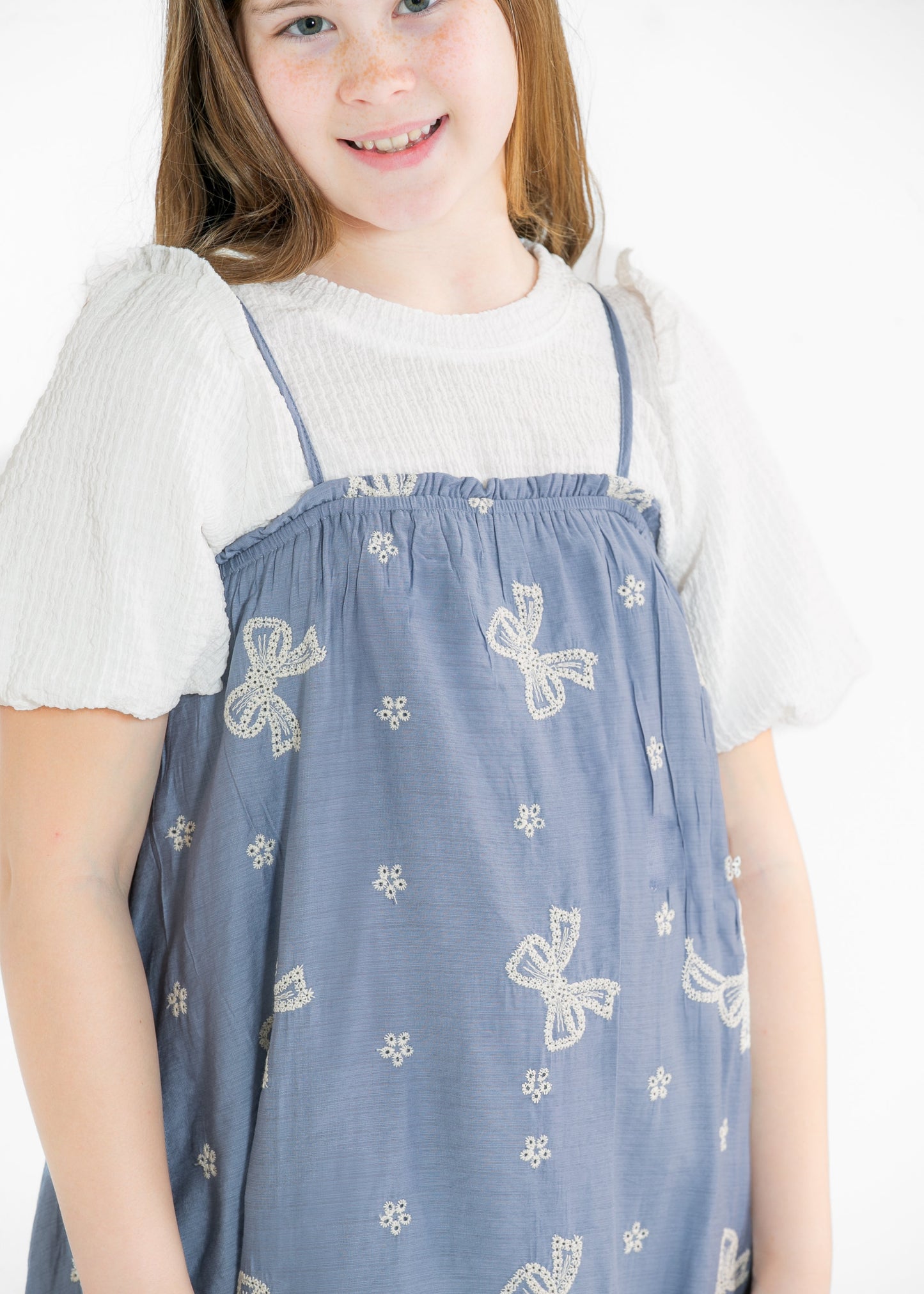 Girls Contrast Bow Stitched Square Neck Ruffle Dress FF Girls