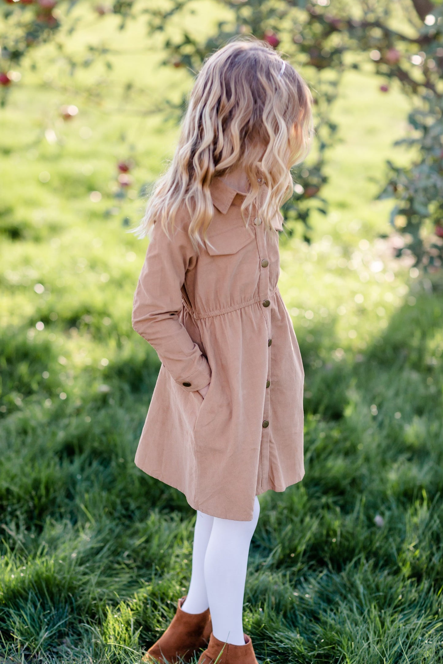 Girls Corduroy Cinched Waist Button Down Midi Dress FF Girls