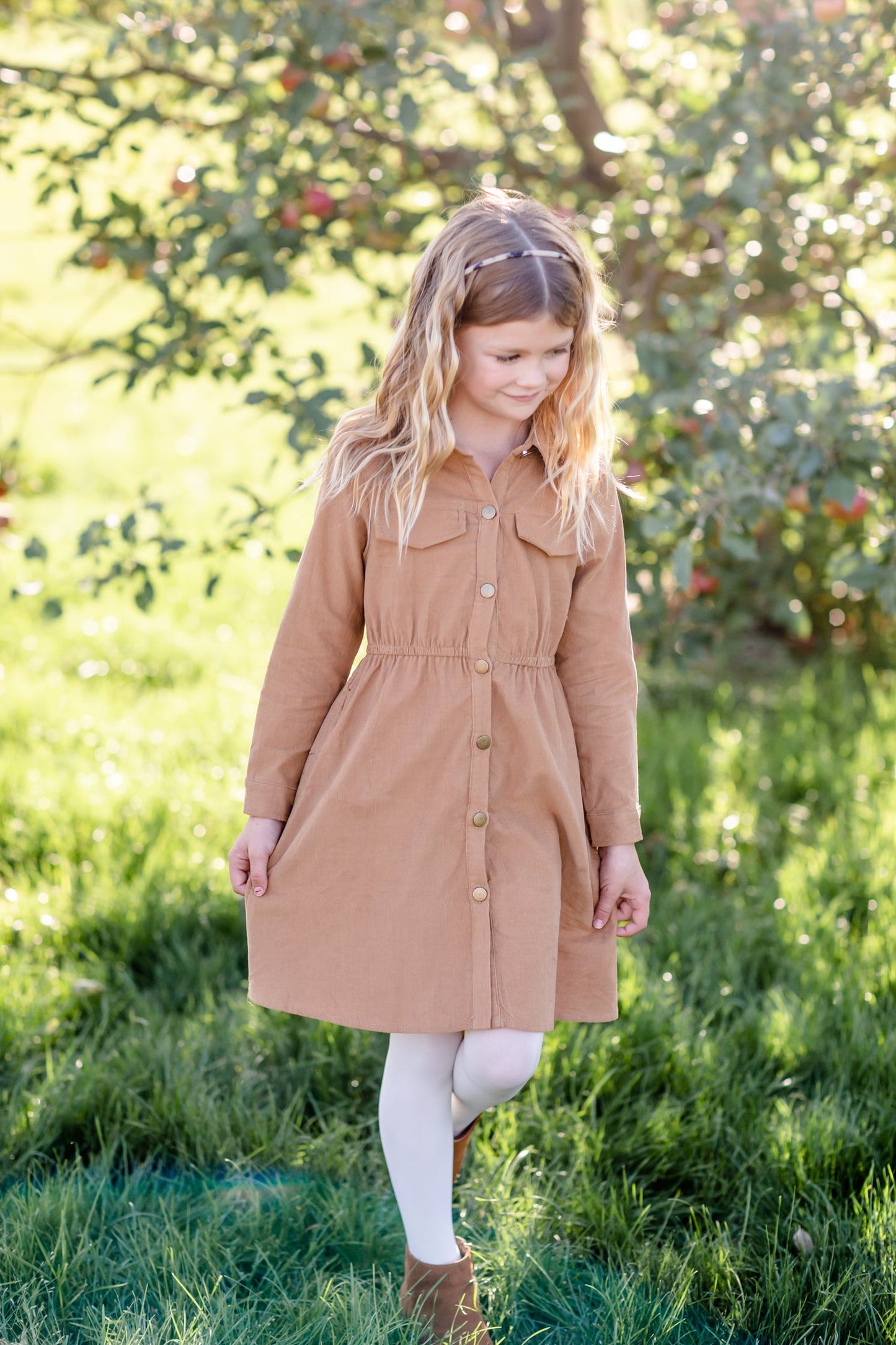Girls Corduroy Cinched Waist Button Down Midi Dress FF Girls