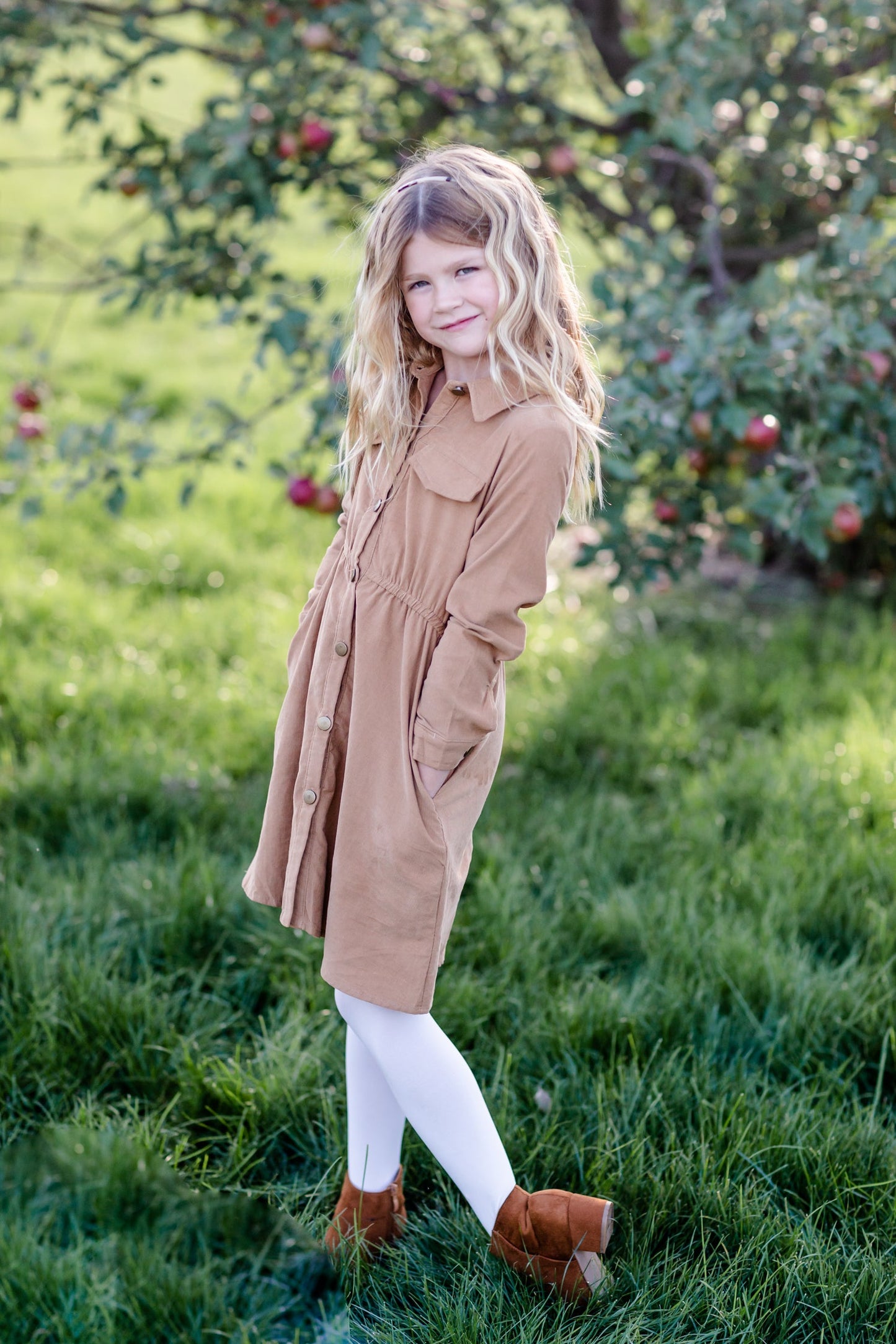Girls Corduroy Cinched Waist Button Down Midi Dress FF Girls