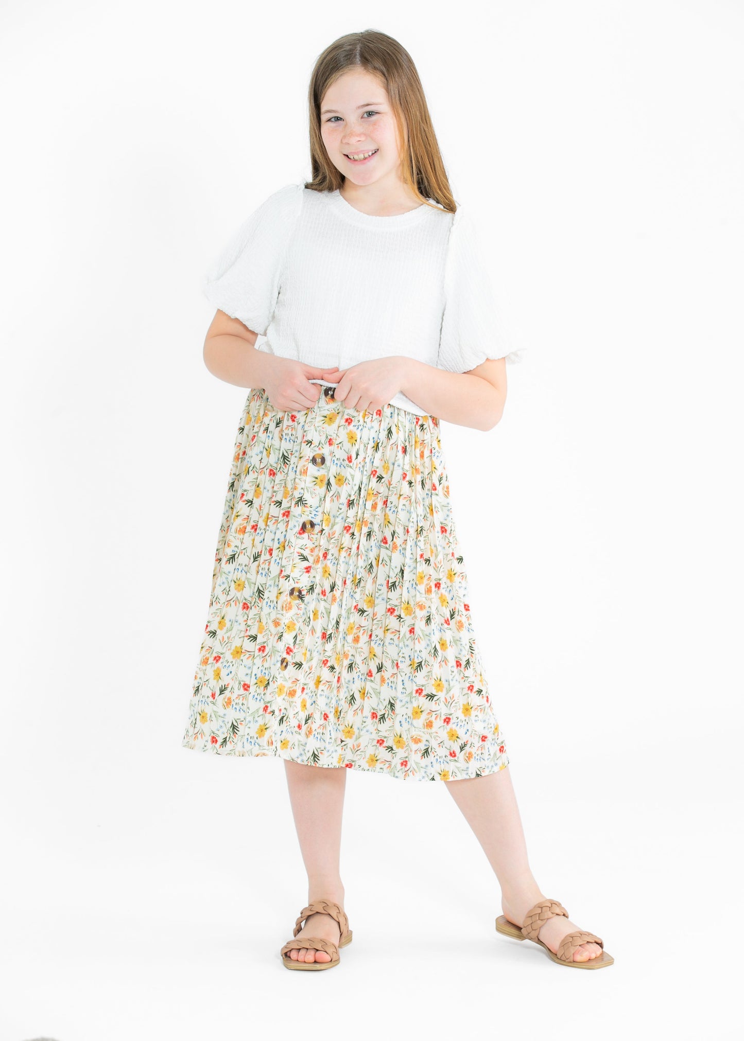 Girls Floral Print Pleated Midi Skirt FF Girls