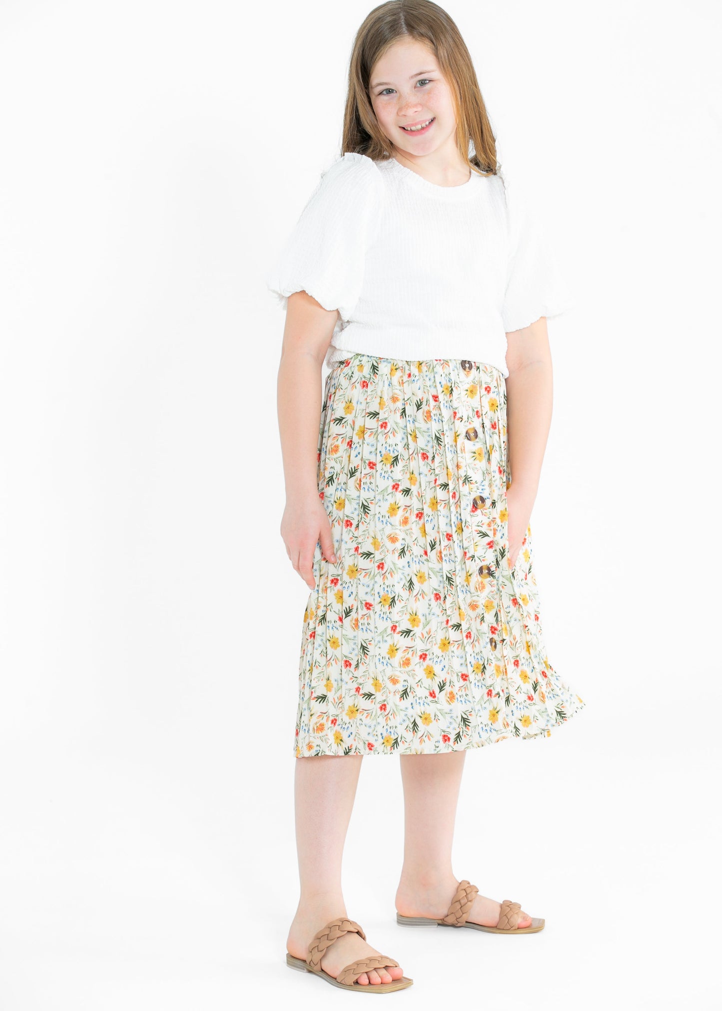 Girls Floral Print Pleated Midi Skirt FF Girls