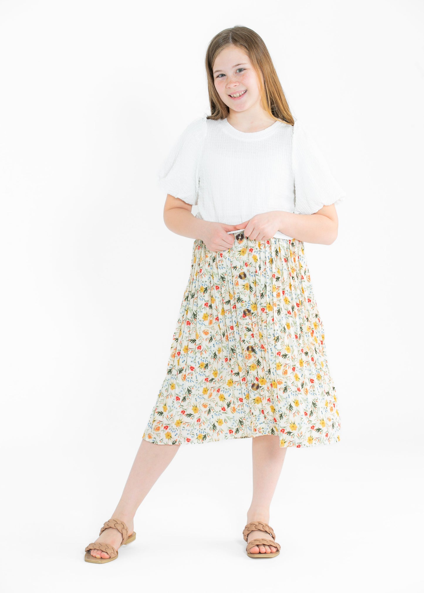 Girls Floral Print Pleated Midi Skirt FF Girls