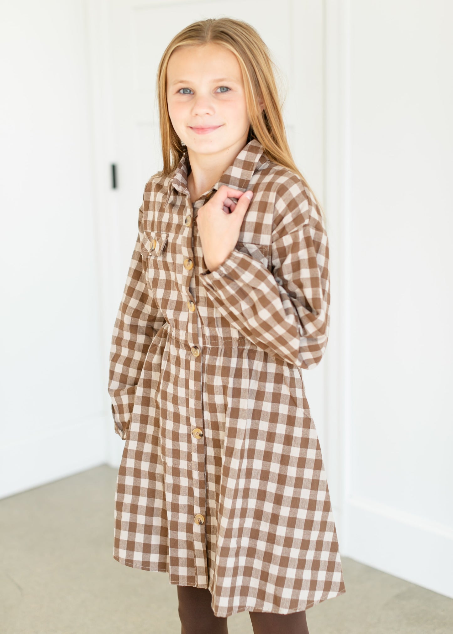 Girls Gingham Print Button Up Dress FF Girls