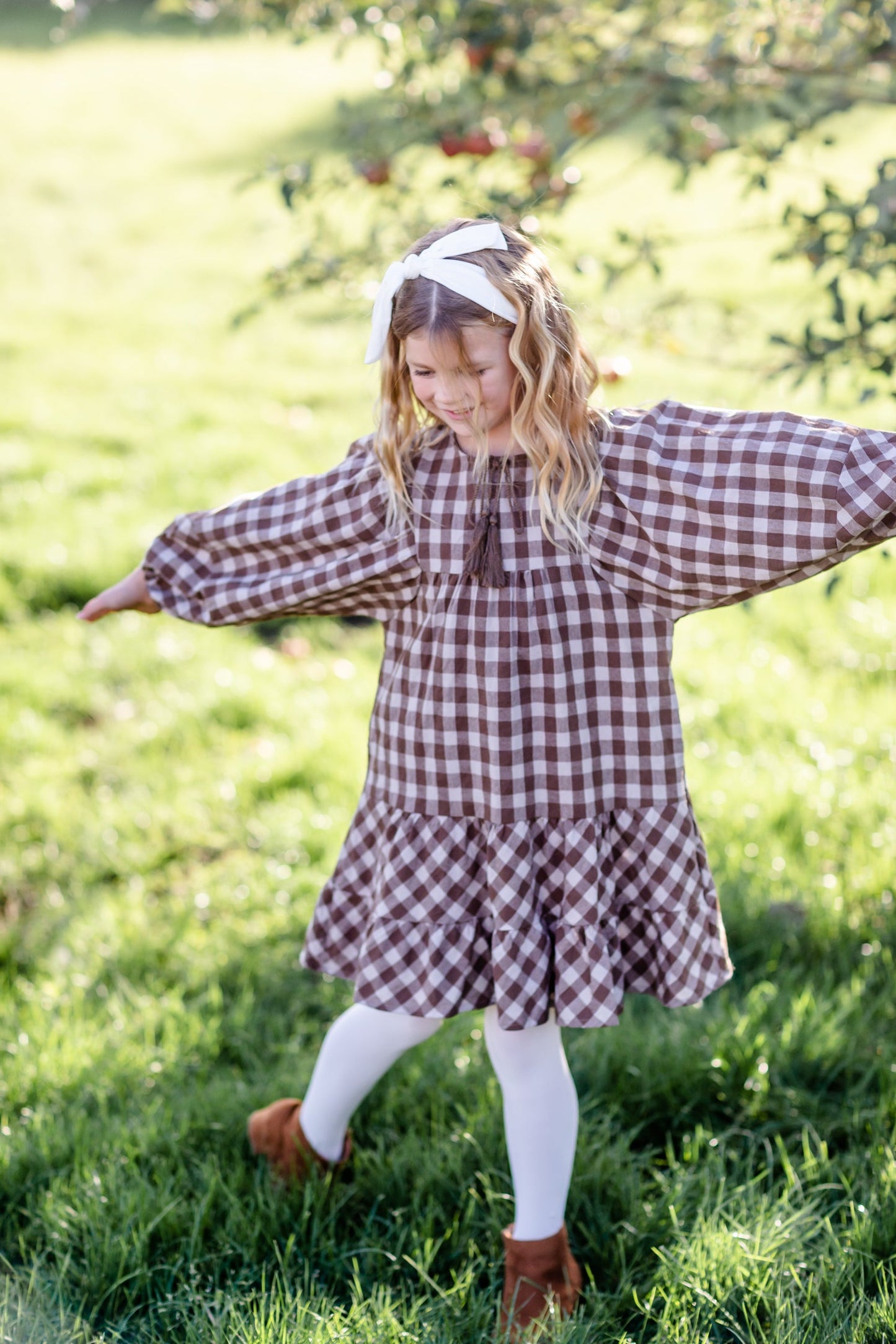 Girls Puff Sleeve Tie Neck Gingham Midi Dress - FINAL SALE FF Girls
