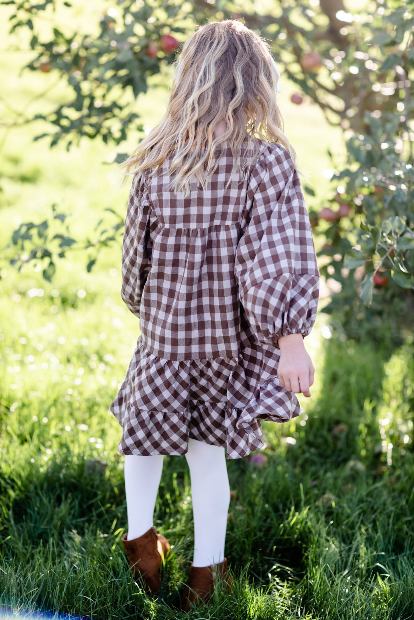 Girls Puff Sleeve Tie Neck Gingham Midi Dress - FINAL SALE FF Girls