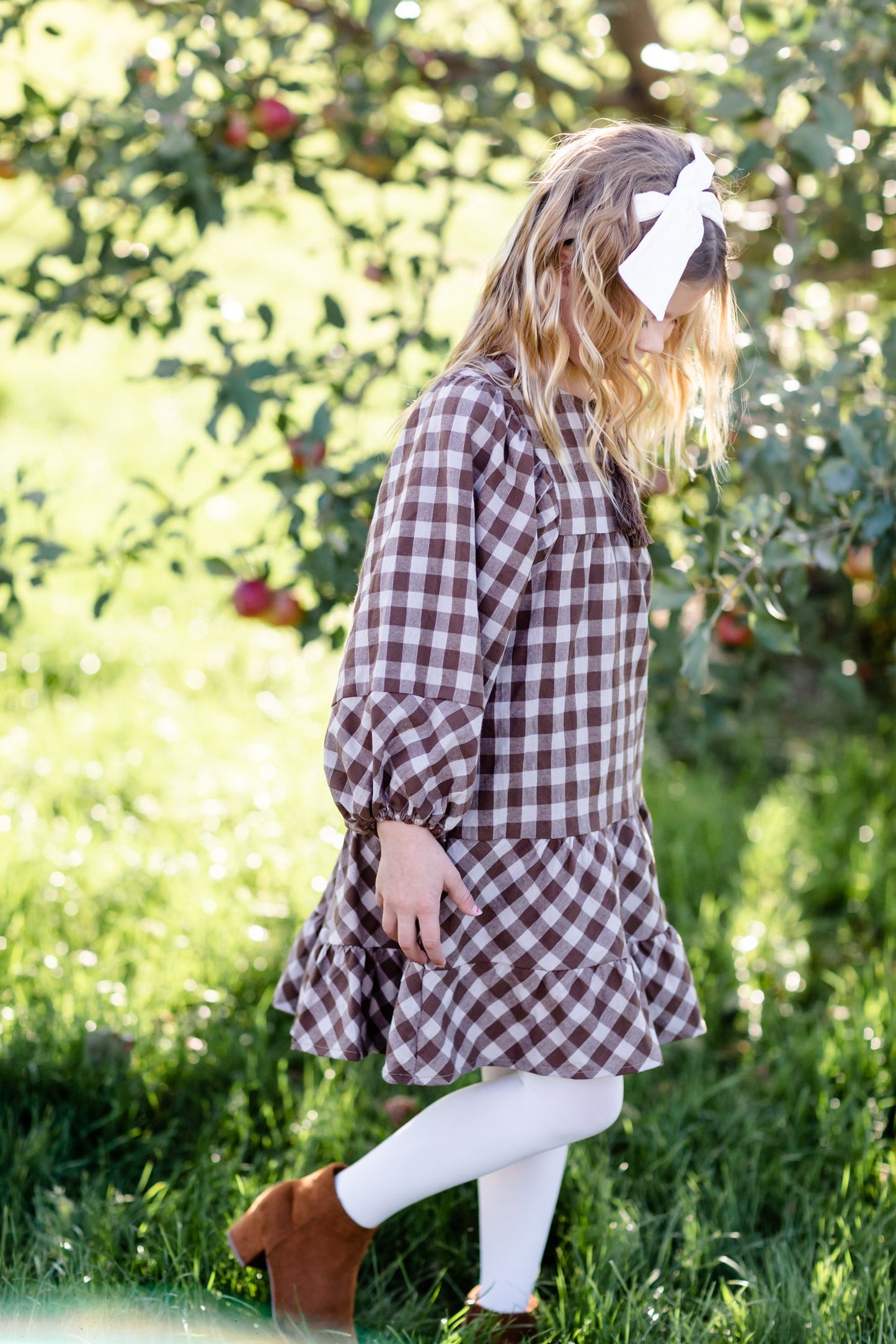 Girls Puff Sleeve Tie Neck Gingham Midi Dress - FINAL SALE FF Girls