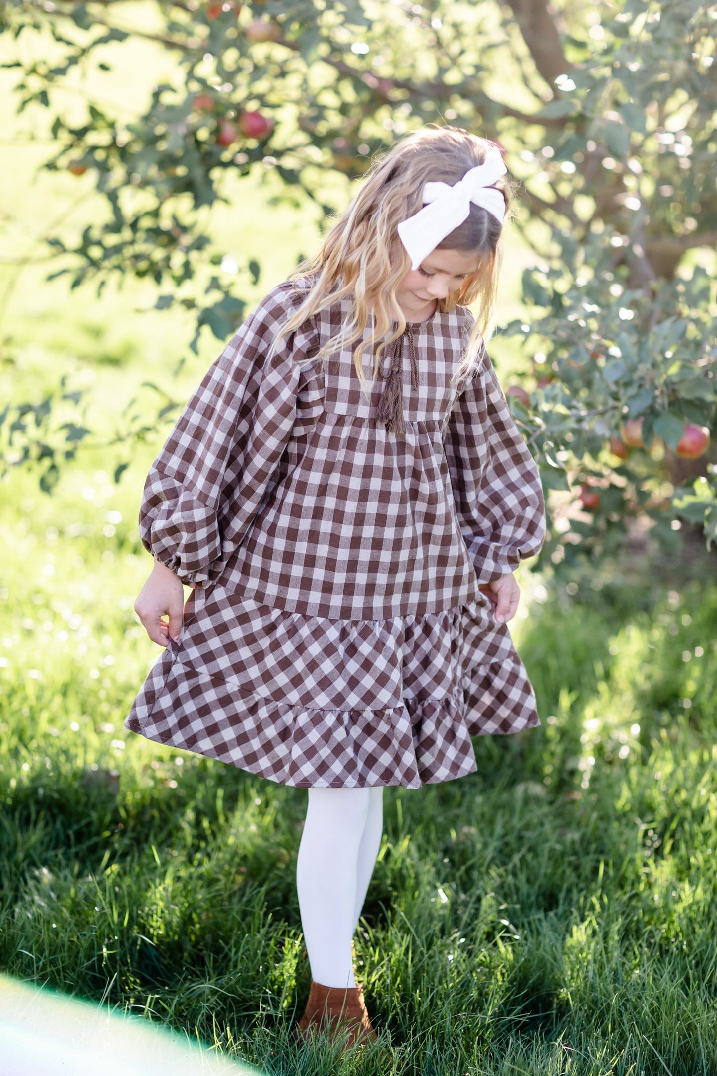 Girls Puff Sleeve Tie Neck Gingham Midi Dress - FINAL SALE FF Girls