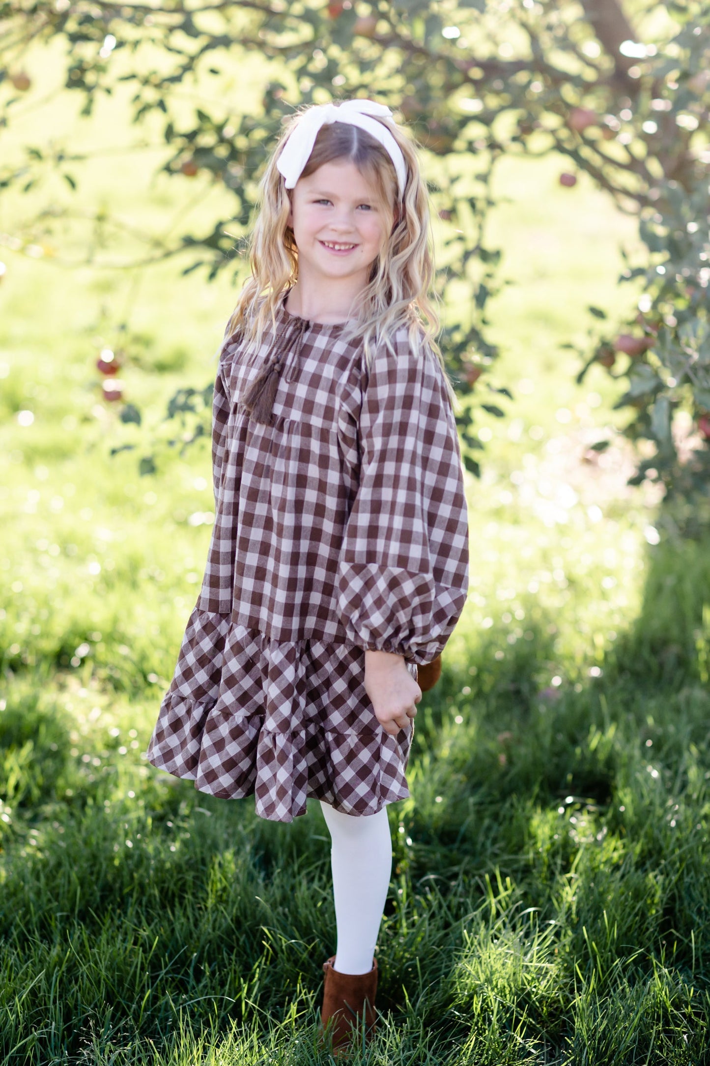 Girls Puff Sleeve Tie Neck Gingham Midi Dress - FINAL SALE FF Girls