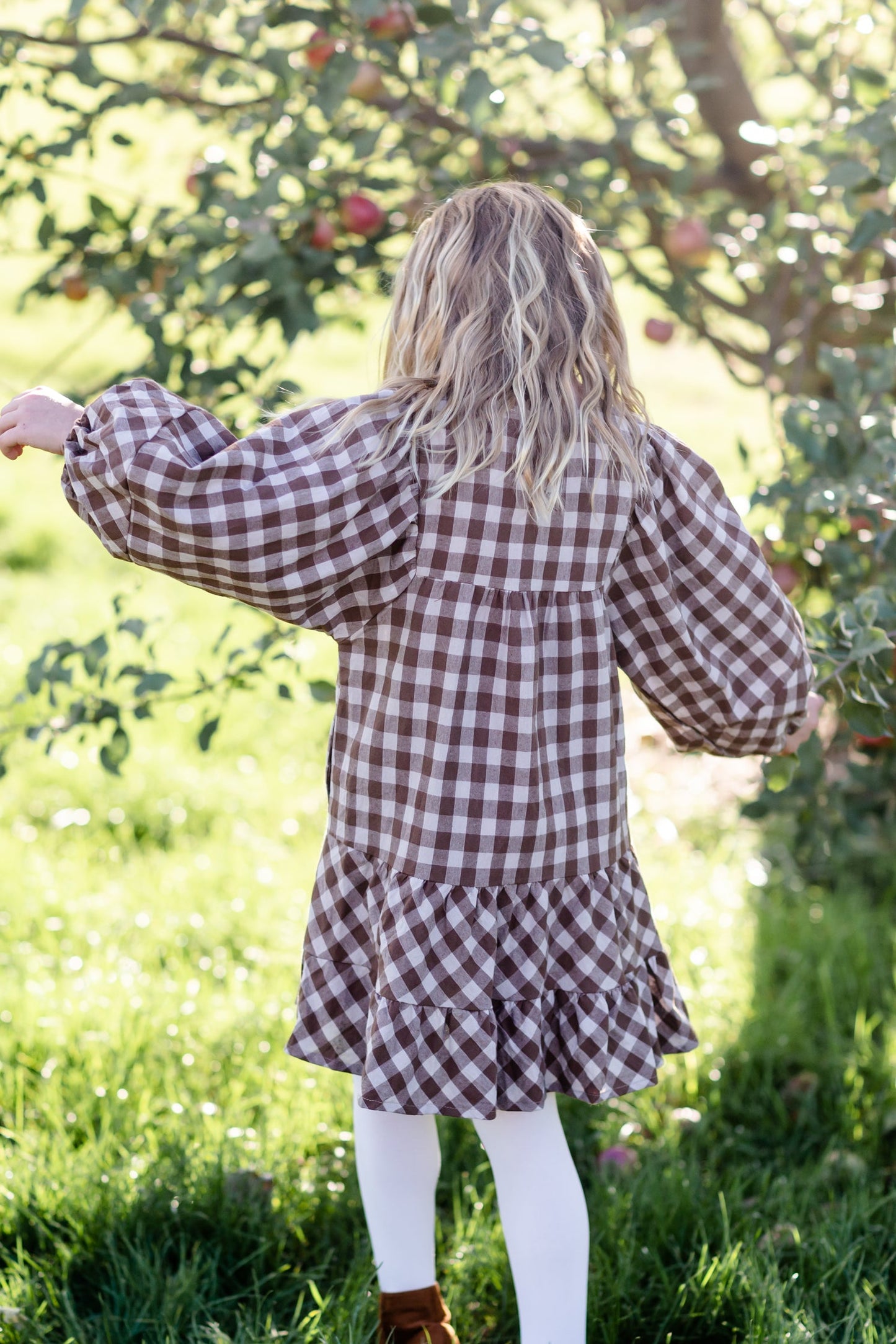 Girls Puff Sleeve Tie Neck Gingham Midi Dress - FINAL SALE FF Girls