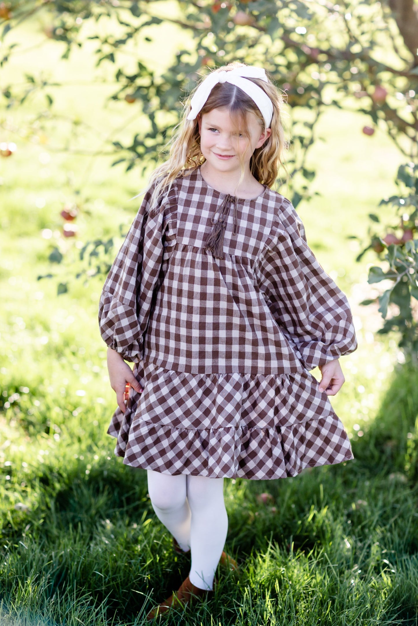 Girls Puff Sleeve Tie Neck Gingham Midi Dress - FINAL SALE FF Girls