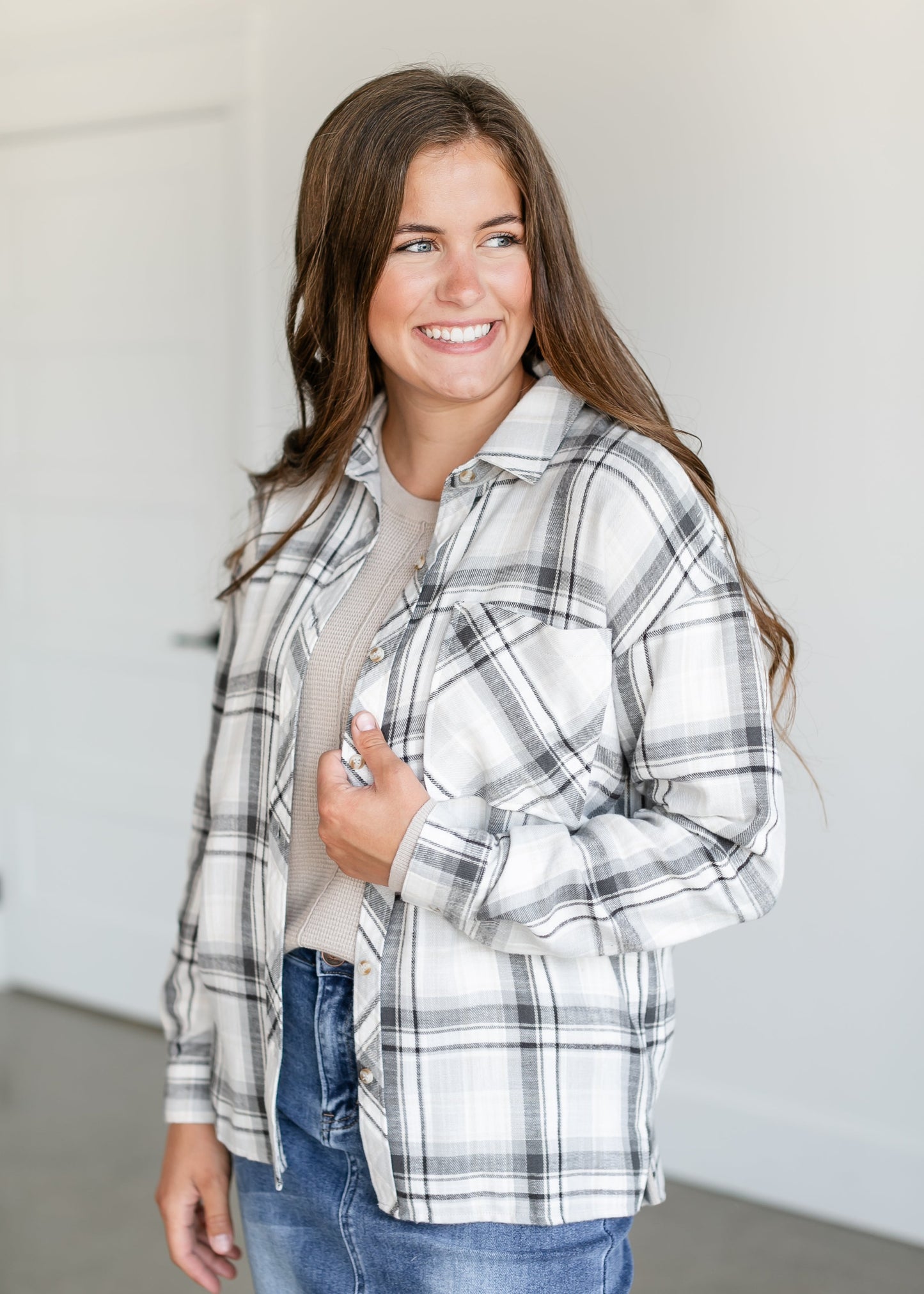 Gray Plaid Button Up Top FF Tops