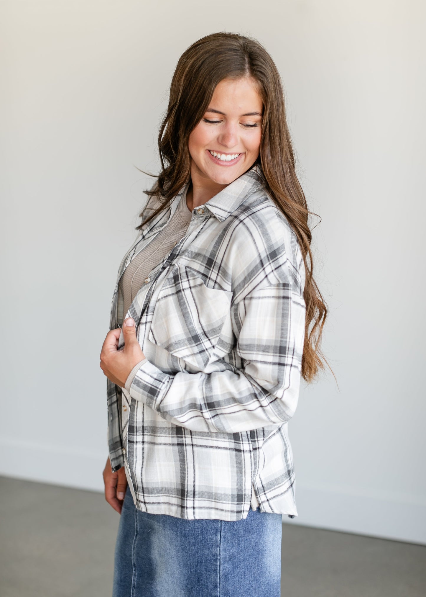 Gray Plaid Button Up Top FF Tops