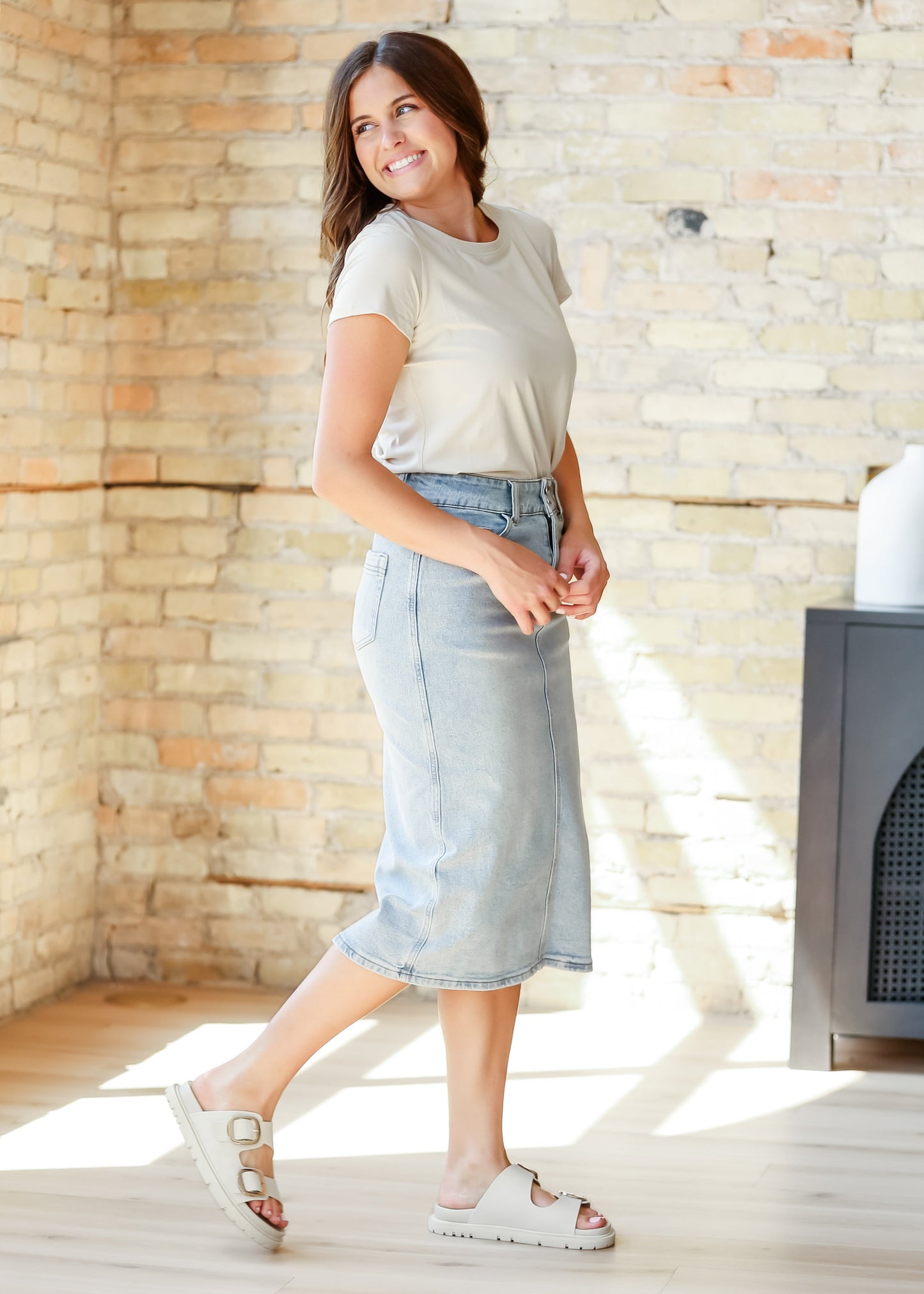 Greta Light Wash Midi Denim Skirt IC Skirts