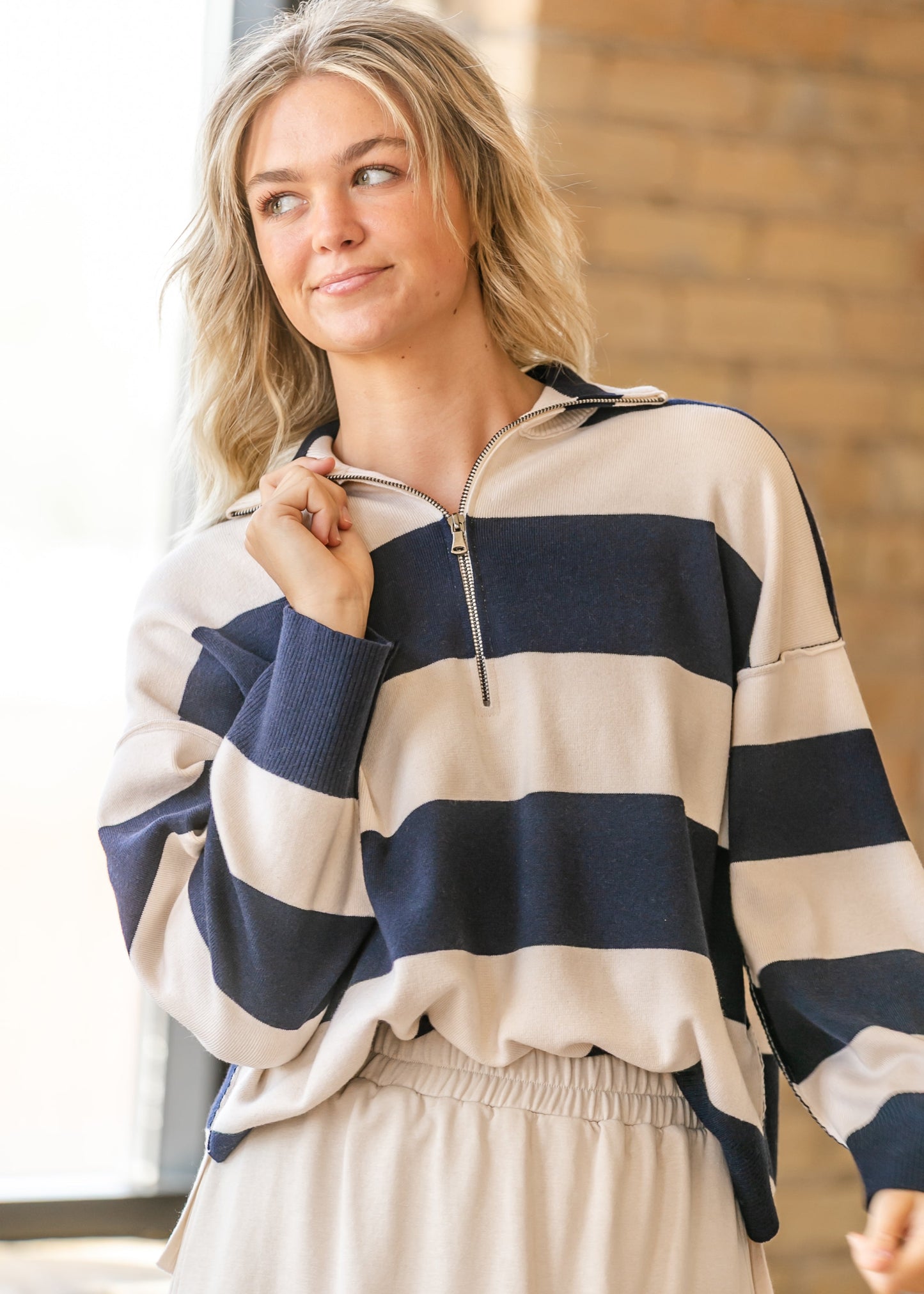 Half-Zip Striped Long Sleeve Sweater FF Tops