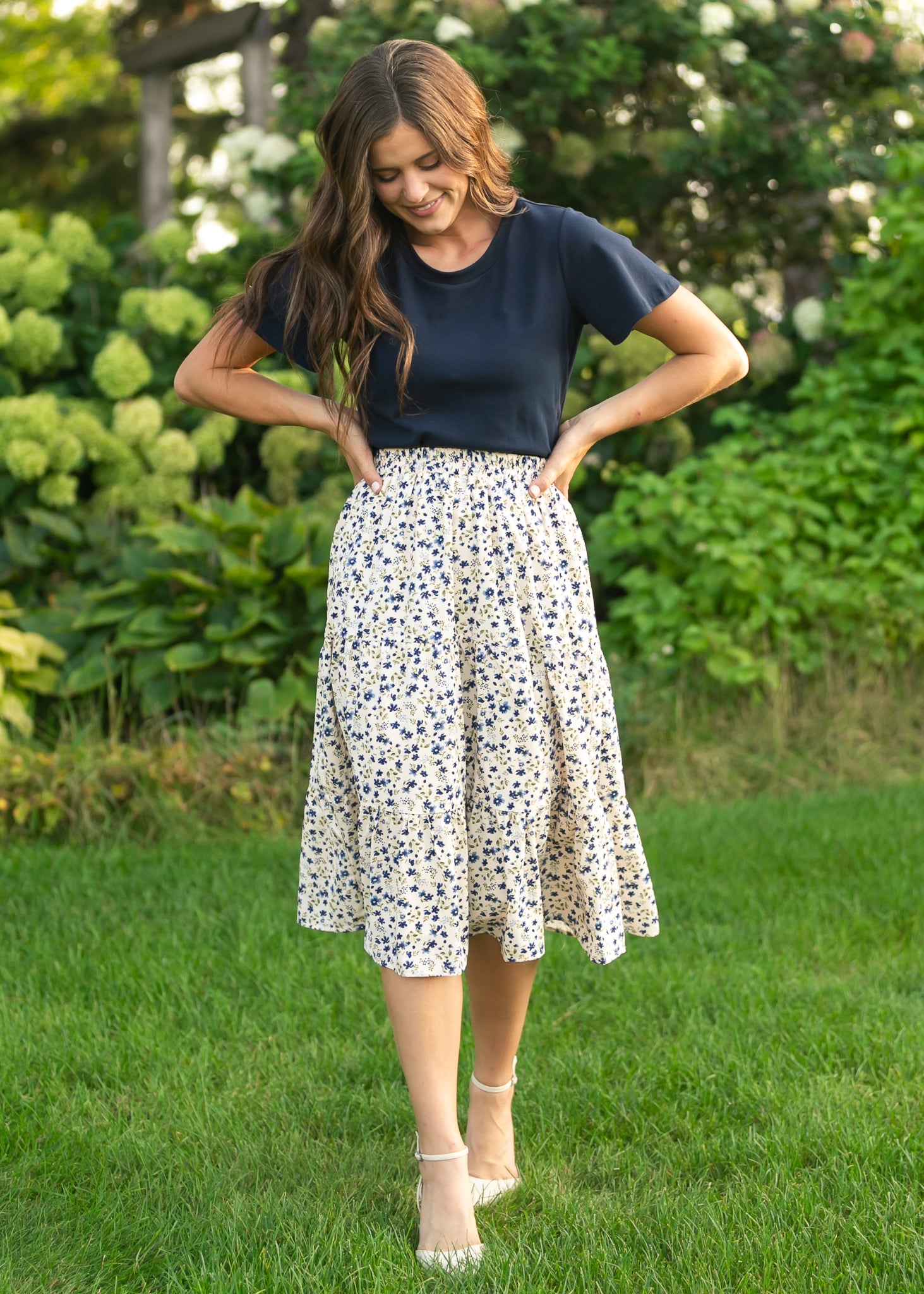 midi skirt dress Harlow Tiered Blue Floral Midi Skirt, X Large