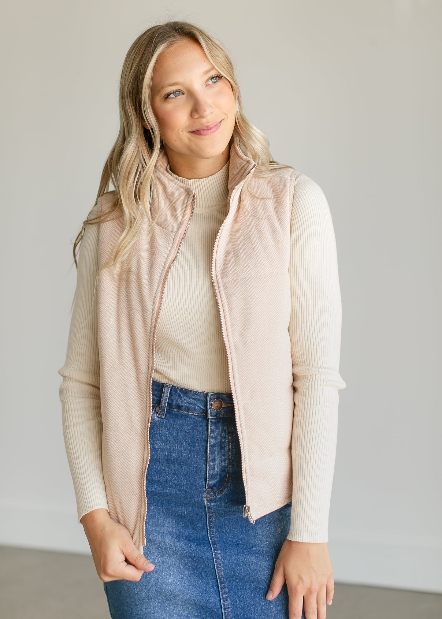 Herringbone Zip-up Vest FF Tops Peach / S