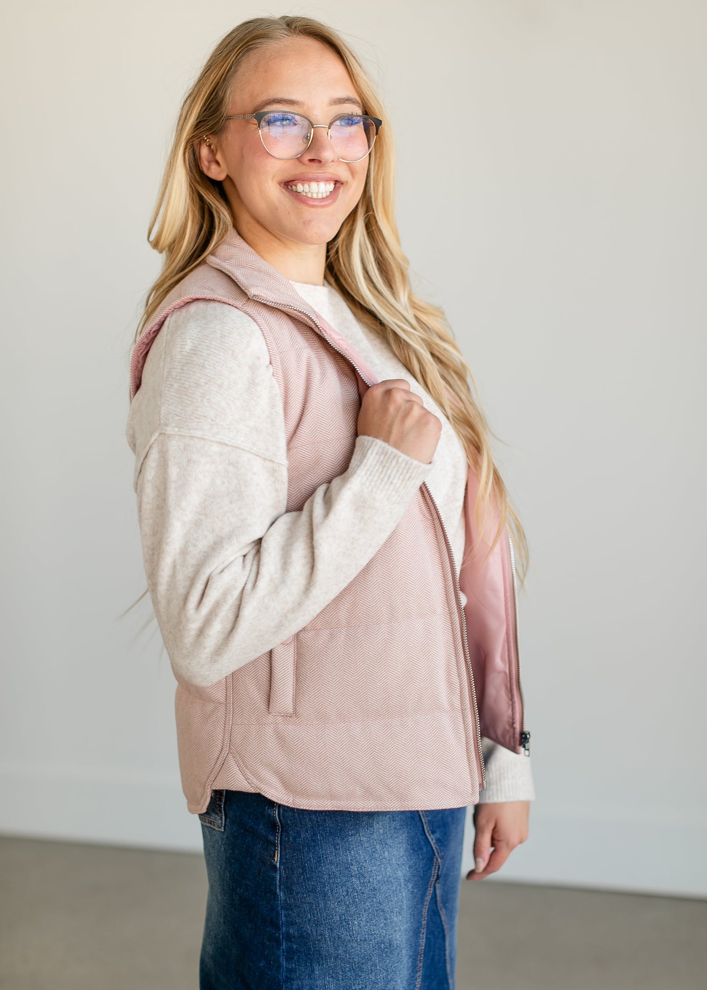Herringbone Zip-up Vest FF Tops Pink / S
