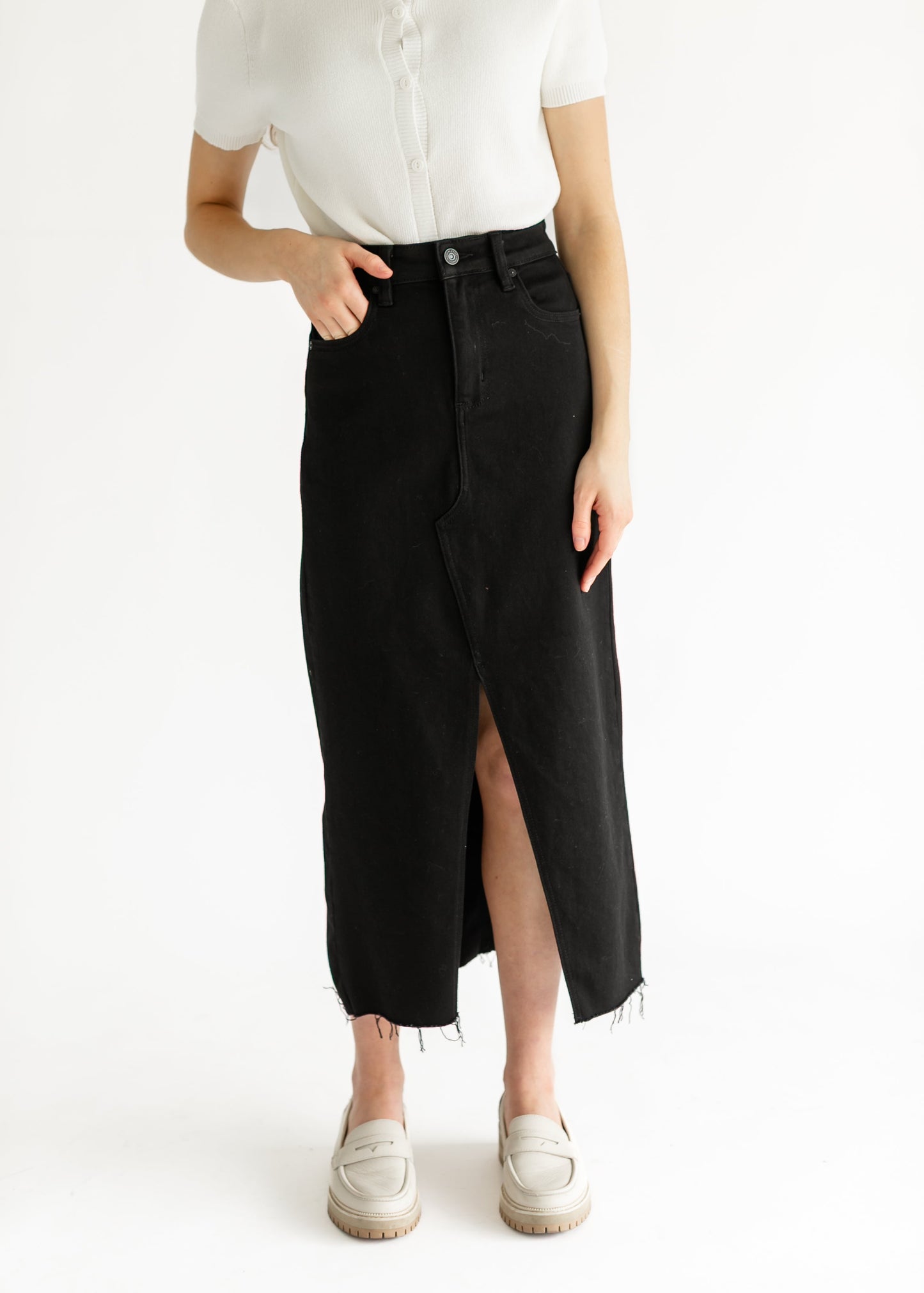 High Rise Midi Black Denim Skirt FF Skirts
