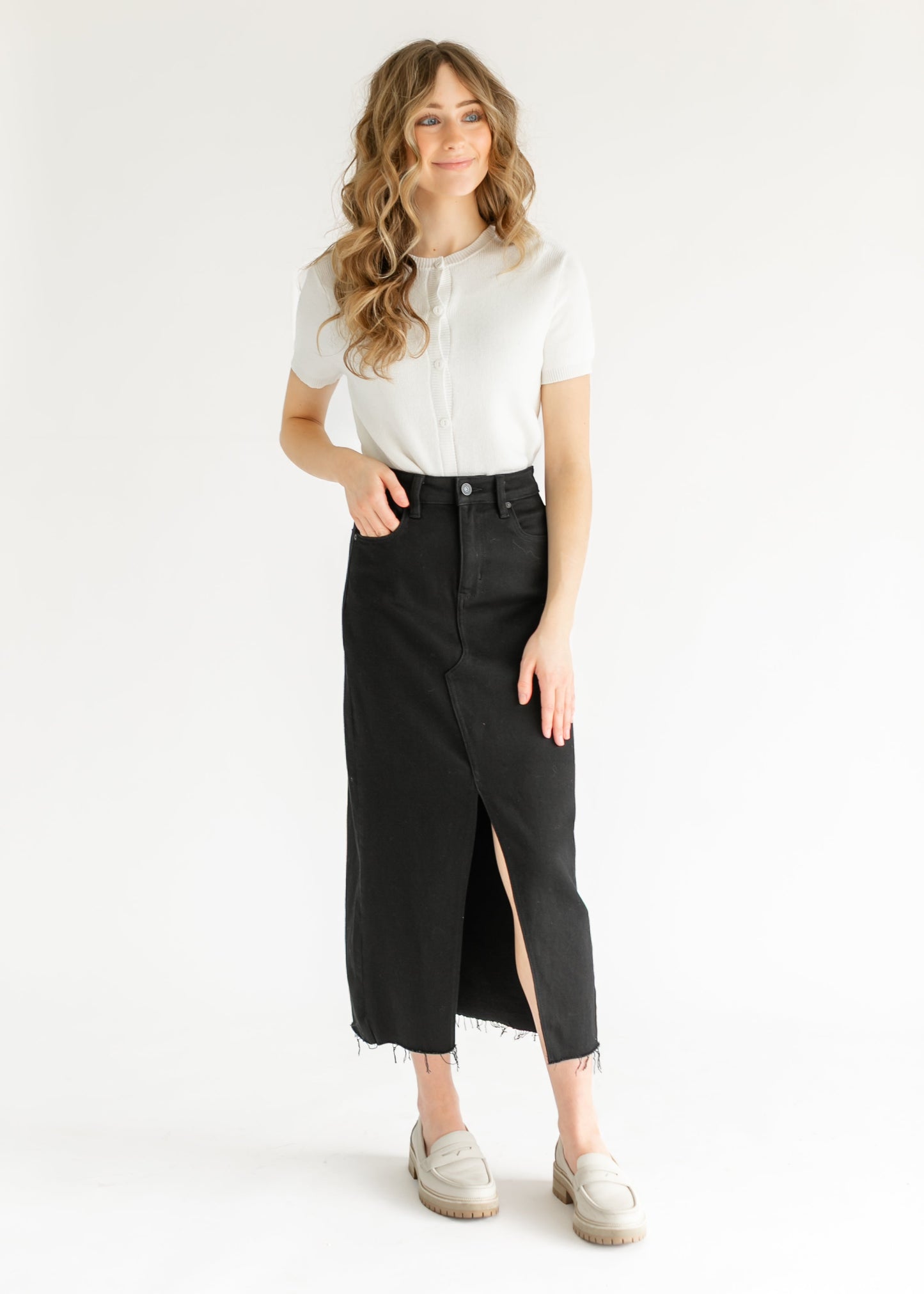 High Rise Midi Black Denim Skirt FF Skirts