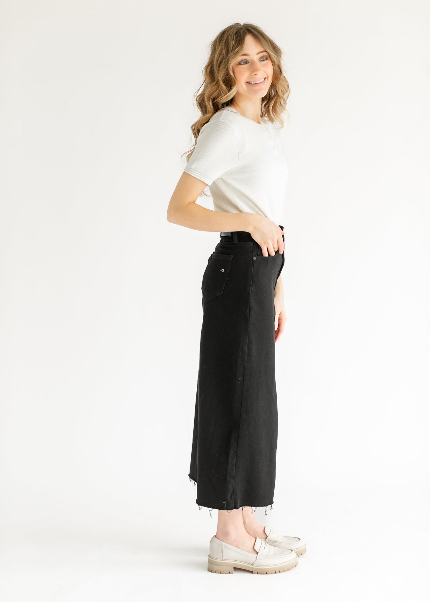 High Rise Midi Black Denim Skirt FF Skirts