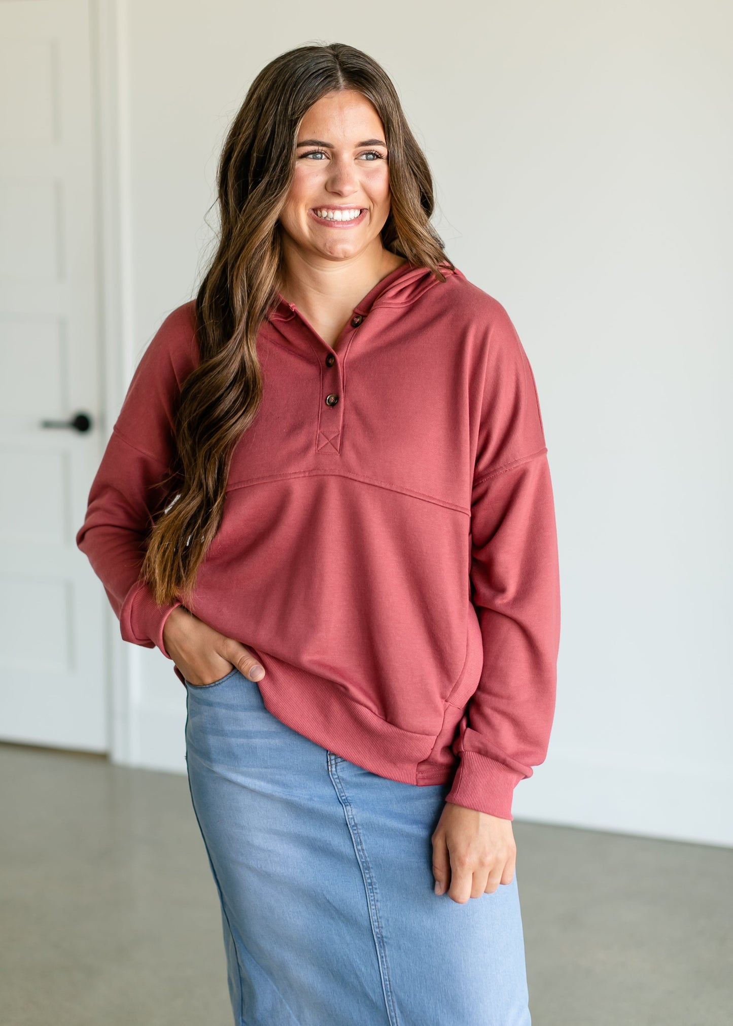 Hooded Button Down Sweatshirt FF Tops