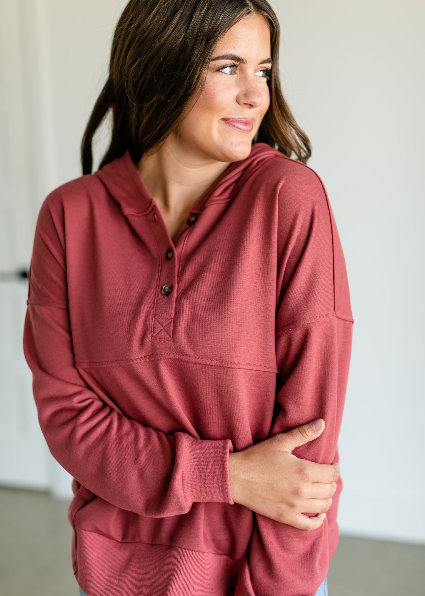 Hooded Button Down Sweatshirt FF Tops