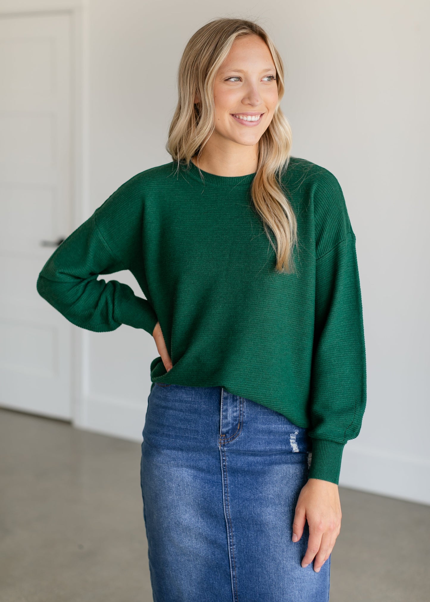 Horizontal Ribbed Crewneck Sweater FF Tops Hunter Green / S