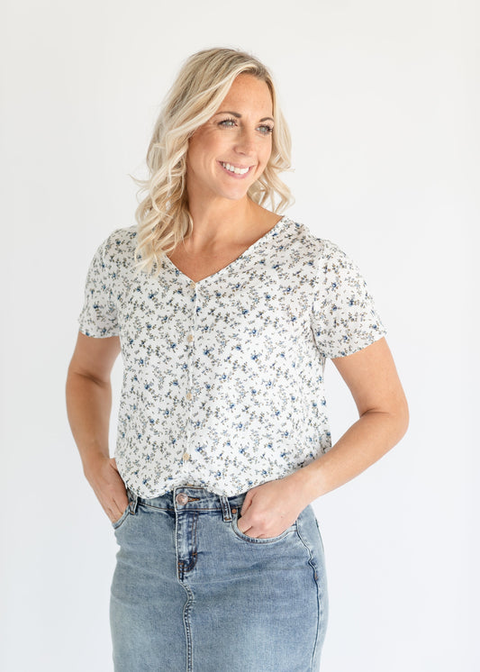 Imogen Blue Floral Button Up Top FF Tops